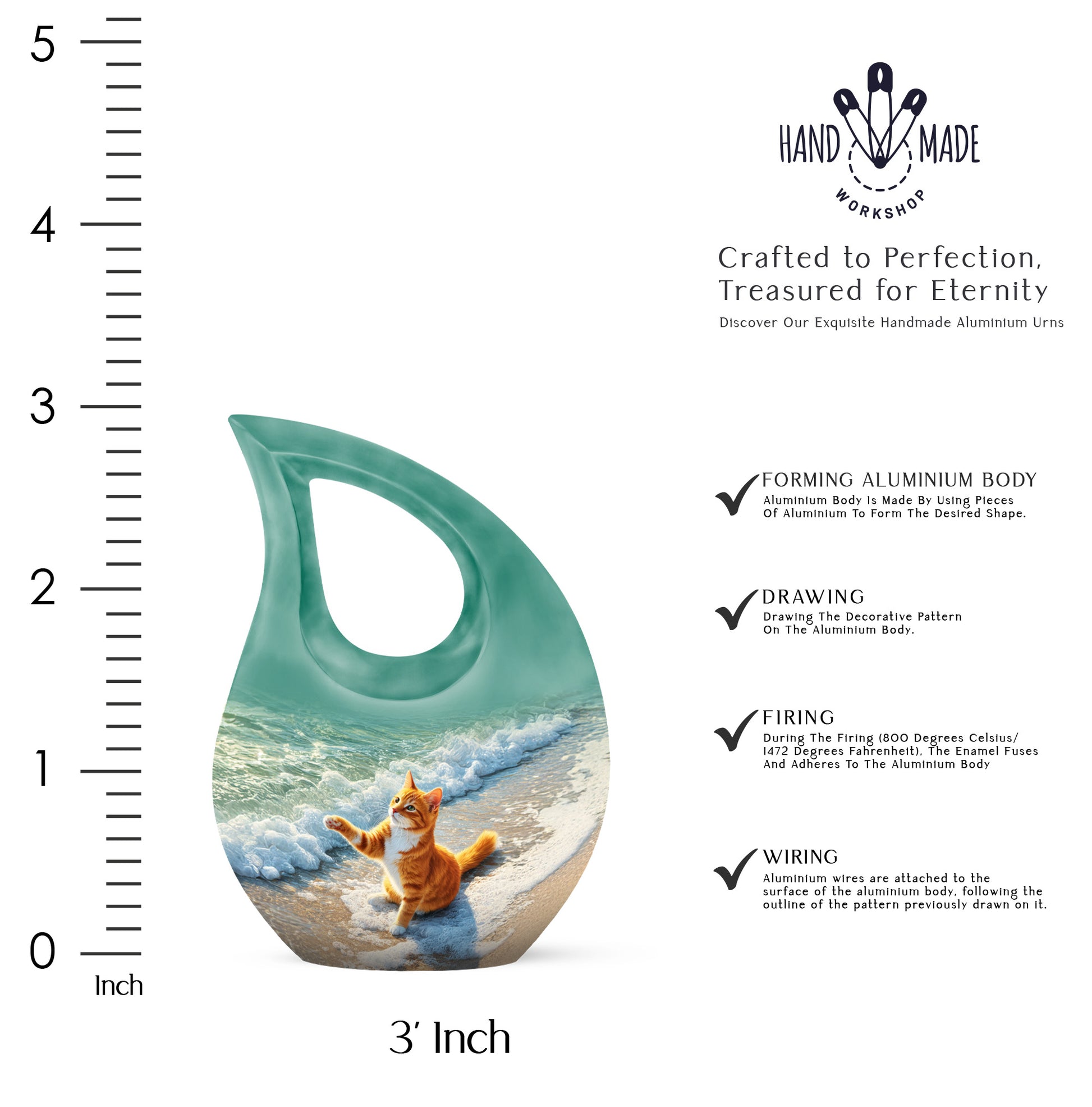Olive Green Cat Cremation Urn back view with polished surface - faith-inspired cross-drop urn with cat pattern - mini keepsake memorial for portion of cremation ashes