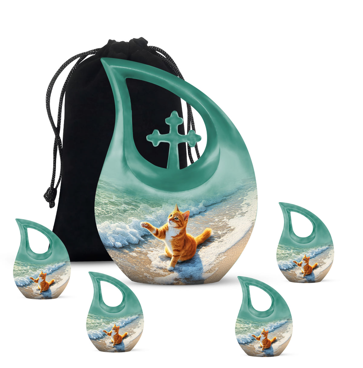 Olive Green Cat Cremation Urn urn with complimentary velvet bag - faith-inspired cross-drop urn with cat pattern - memorial set with one large and four small urns