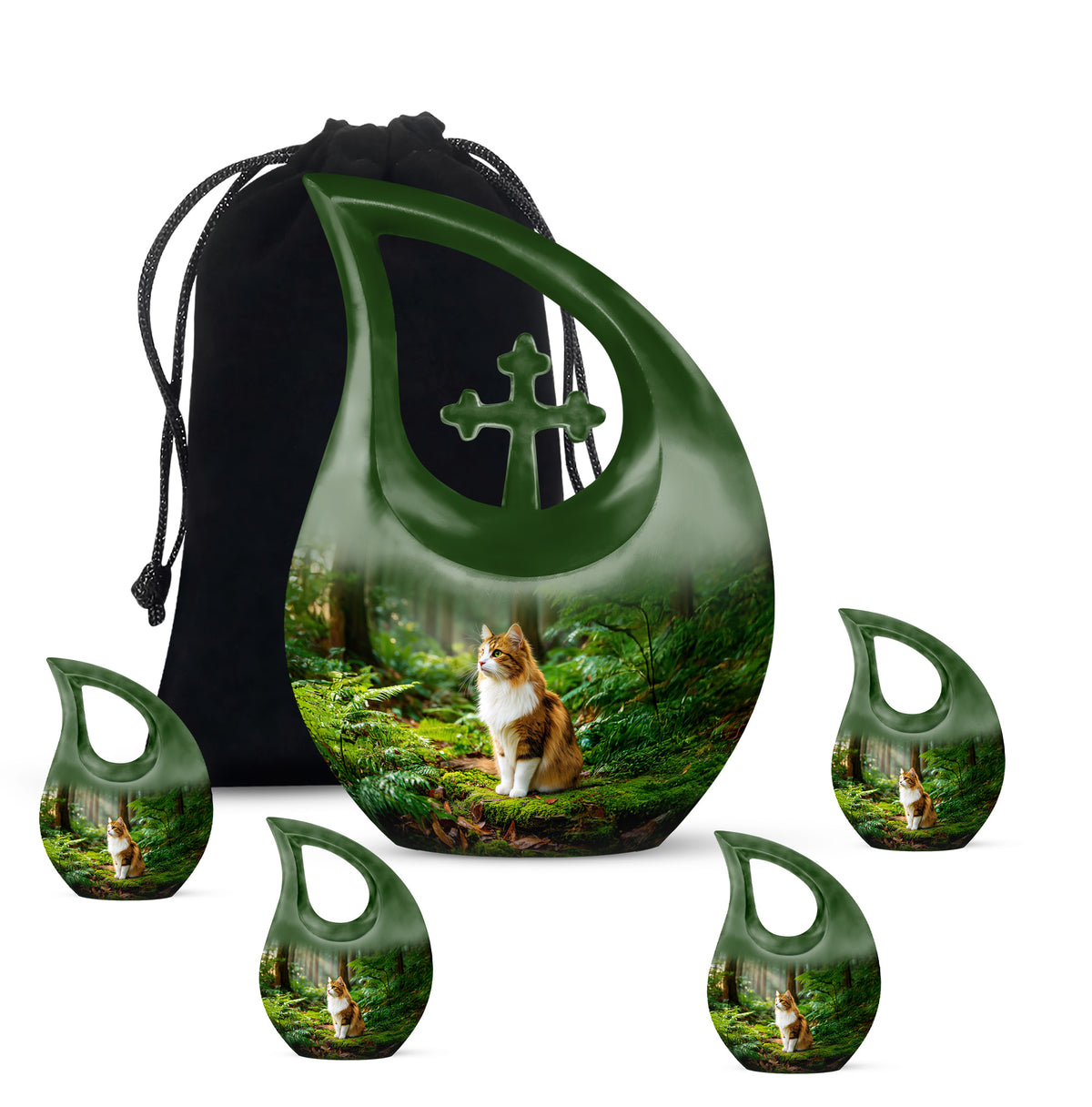 Champagne Gold Cat Cremation Urn urn with complimentary velvet bag - sacred cross merged with cat motif on metal - memorial set with one large and four small urns