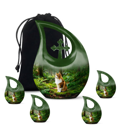 Champagne Gold Cat Cremation Urn urn with complimentary velvet bag - sacred cross merged with cat motif on metal - memorial set with one large and four small urns