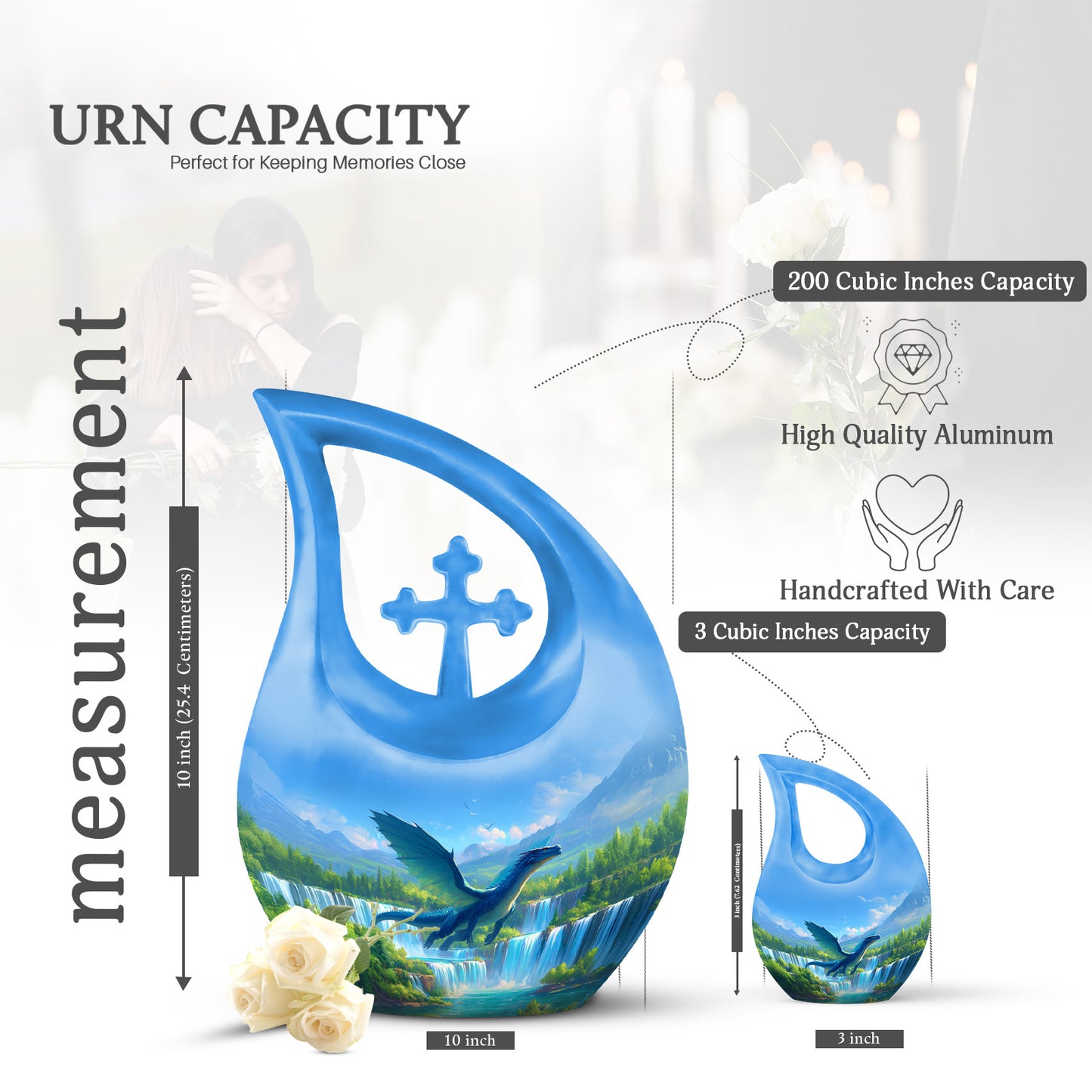 Vivid Blue Dragon Cremation Urn back view with polished surface - faith-inspired cross-drop urn with dragon pattern - mini keepsake memorial for portion of cremation ashes