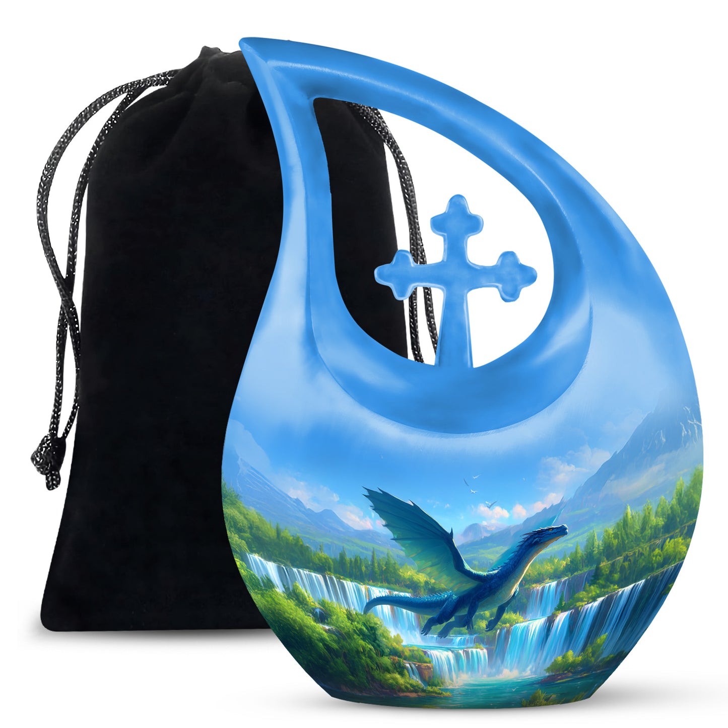 Celestial Blue Dragon Cremation Urn top-down view of secure threaded lid - sacred cross merged with dragon motif on metal - full-size 10 inch 200 cubic inch adult cremation urn