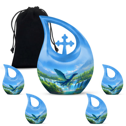 Icy Blue Dragon Cremation Urn urn with complimentary velvet bag - cross and dragon combined in spiritual memorial design - memorial set with one large and four small urns