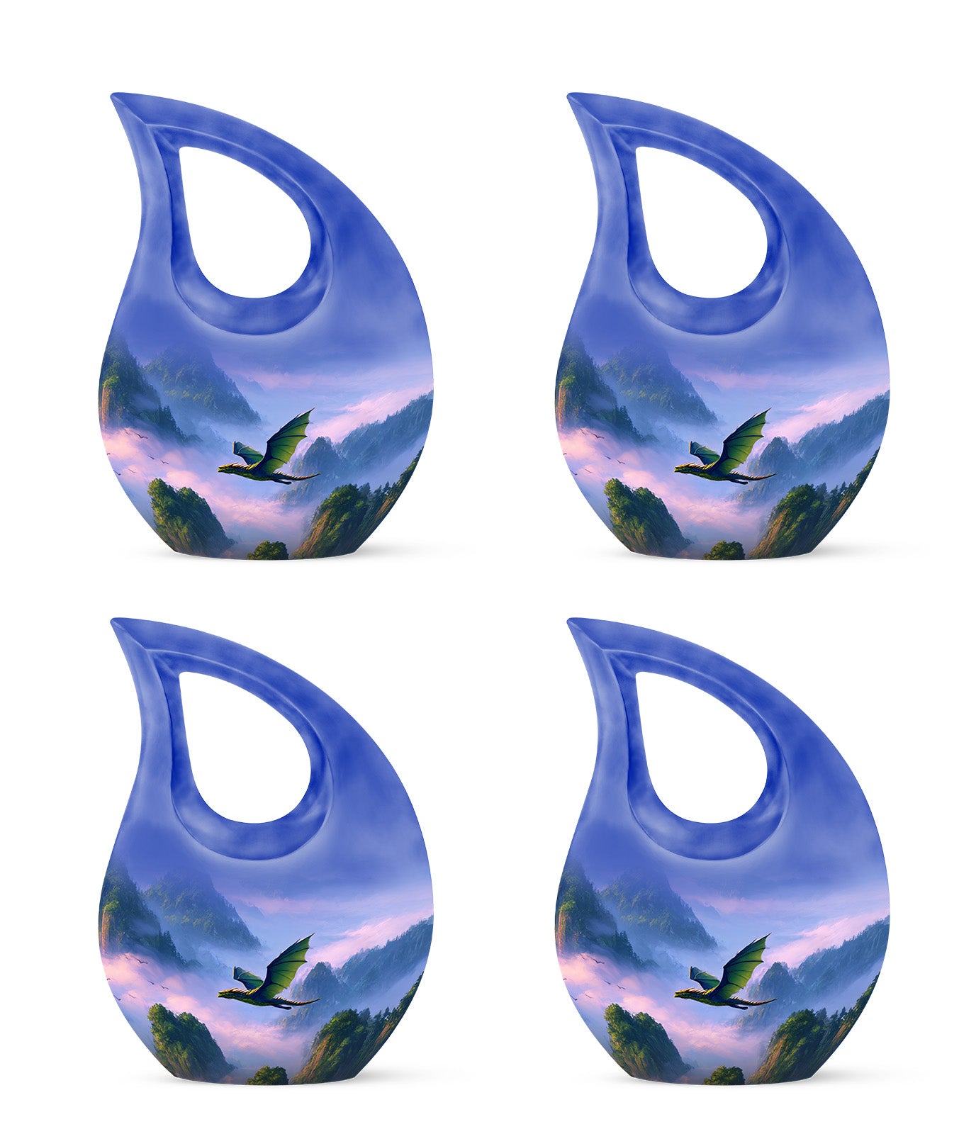 Navy Blue Dragon Cremation Urn lifestyle display on memorial shelf - sacred cross merged with dragon motif on metal - 10 inch aluminum urn for cremated remains