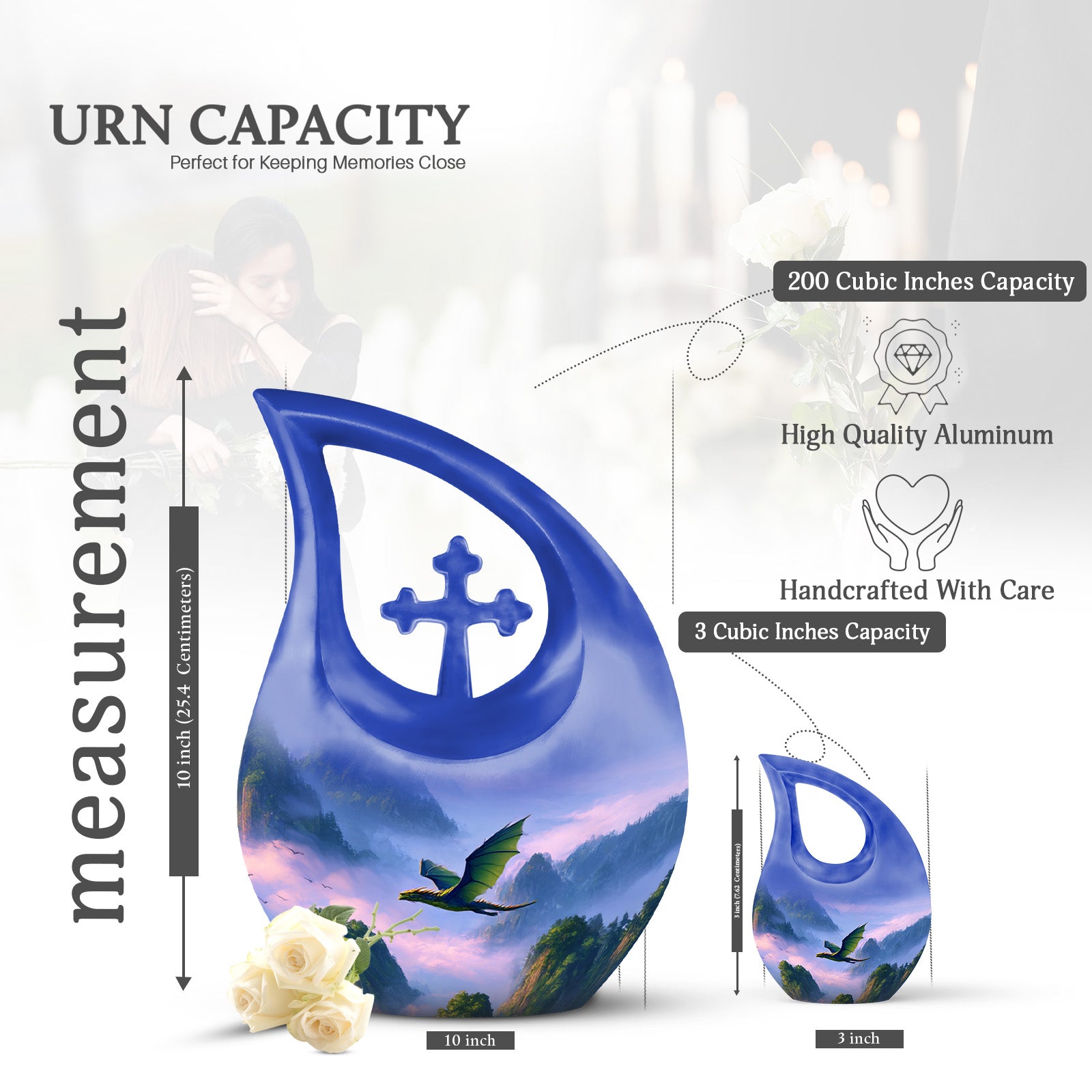 Vivid Blue Dragon Cremation Urn back view with polished surface - faith-inspired cross-drop urn with dragon pattern - mini keepsake memorial for portion of cremation ashes