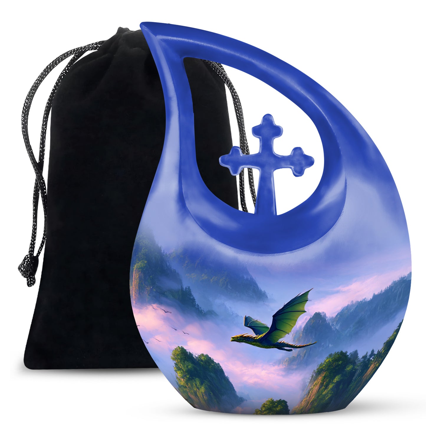 Slate Blue Dragon Cremation Urn top-down view of secure threaded lid - cross and dragon combined in spiritual memorial design - full-size 10 inch 200 cubic inch adult cremation urn
