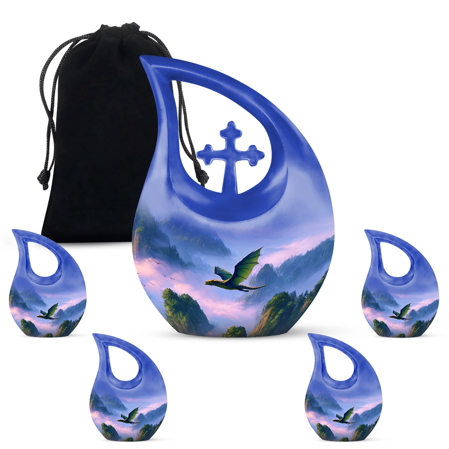 Indigo Dragon Cremation Urn urn with complimentary velvet bag - sacred cross merged with dragon motif on metal - memorial set with one large and four small urns