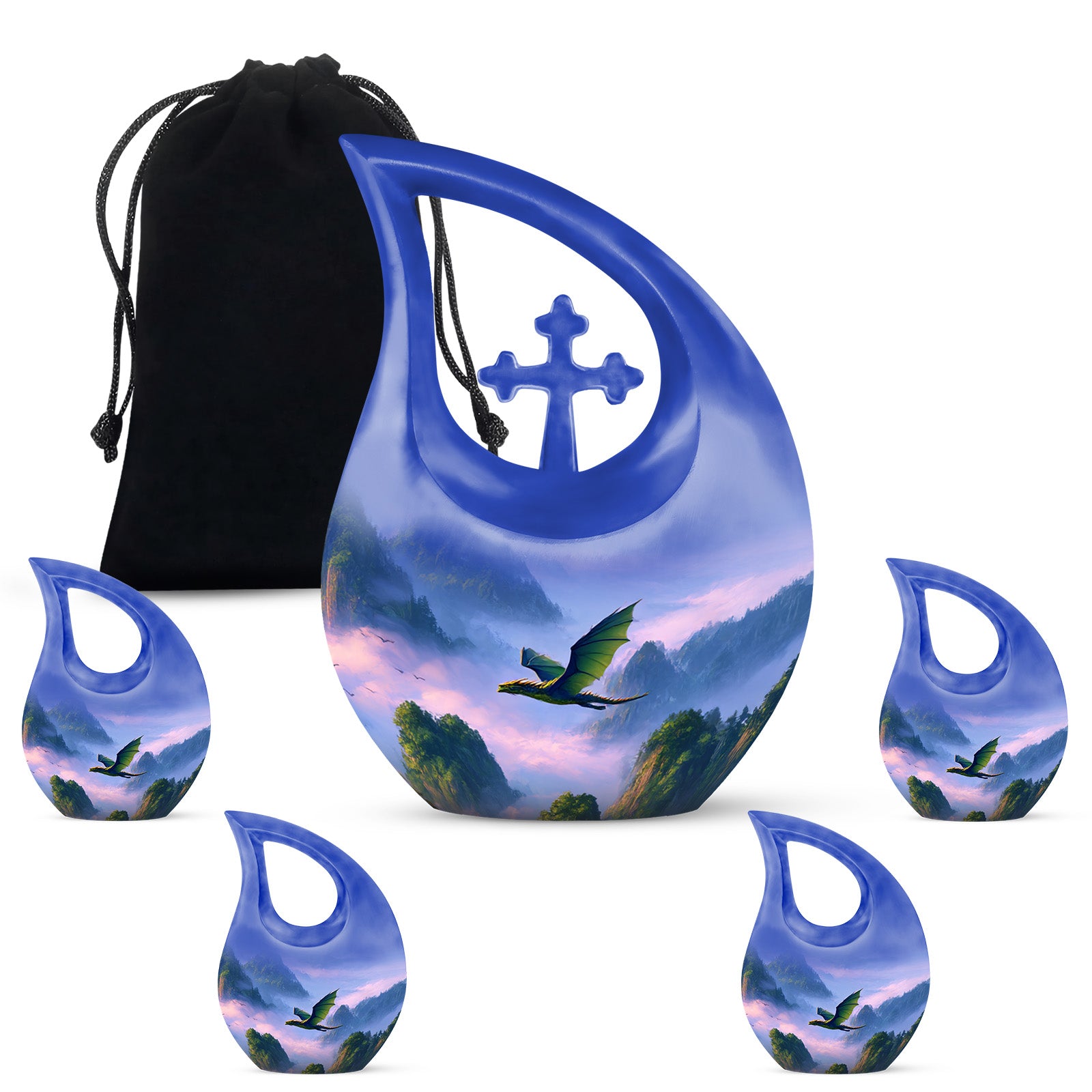 Indigo Dragon Cremation Urn urn with complimentary velvet bag - sacred cross merged with dragon motif on metal - memorial set with one large and four small urns
