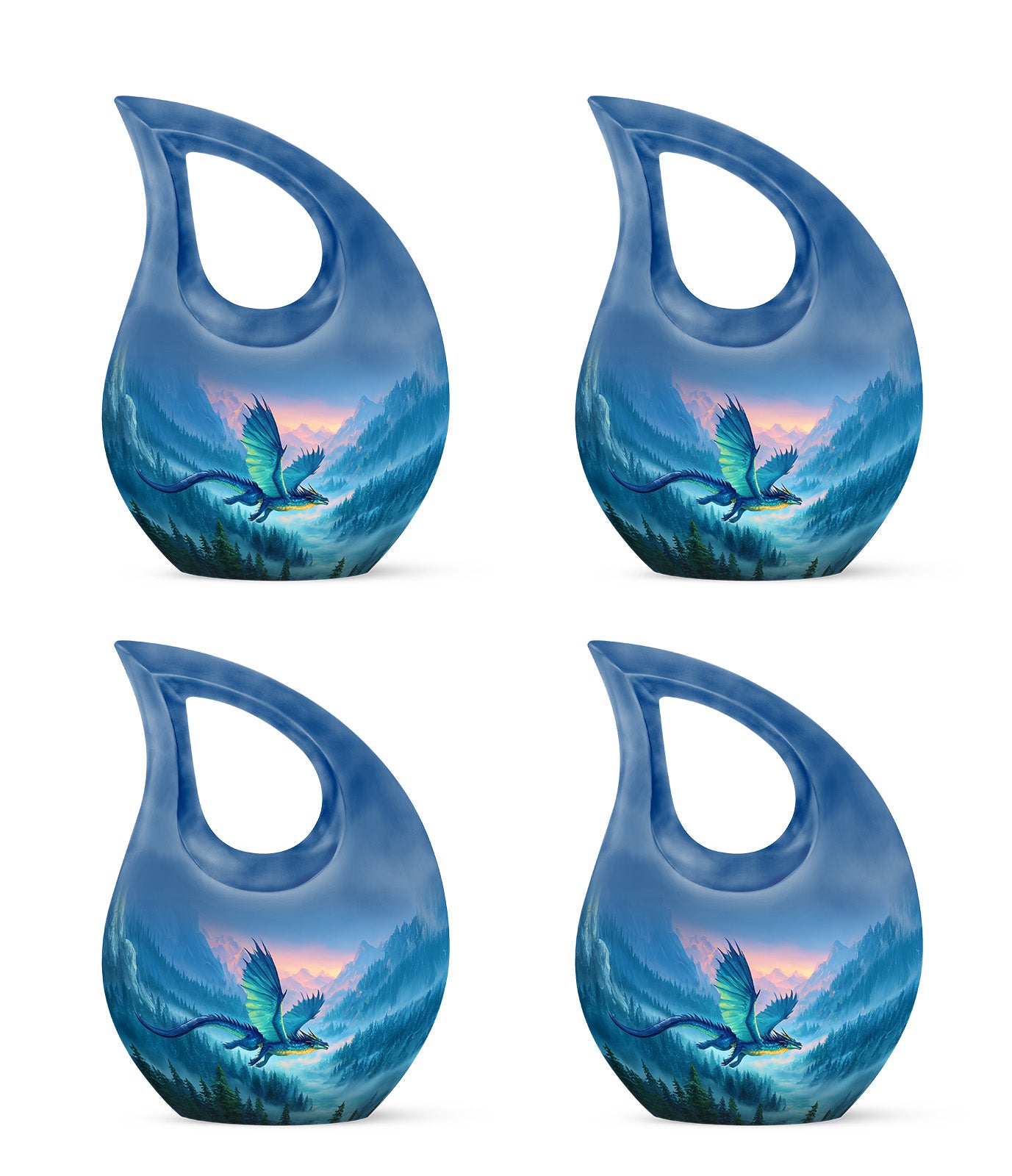 Pastel Blue Dragon Cremation Urn lifestyle display on memorial shelf - cross and dragon combined in spiritual memorial design - 10 inch aluminum urn for cremated remains