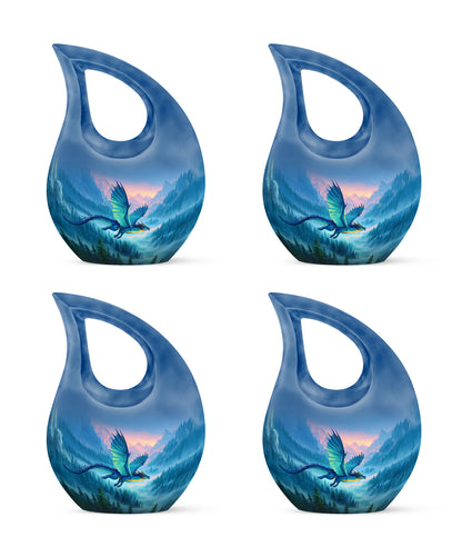 Pastel Blue Dragon Cremation Urn lifestyle display on memorial shelf - cross and dragon combined in spiritual memorial design - 10 inch aluminum urn for cremated remains