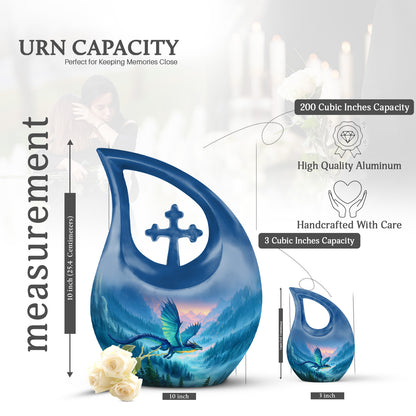 Dusty Blue Dragon Cremation Urn back view with polished surface - cross and dragon combined in spiritual memorial design - mini keepsake memorial for portion of cremation ashes