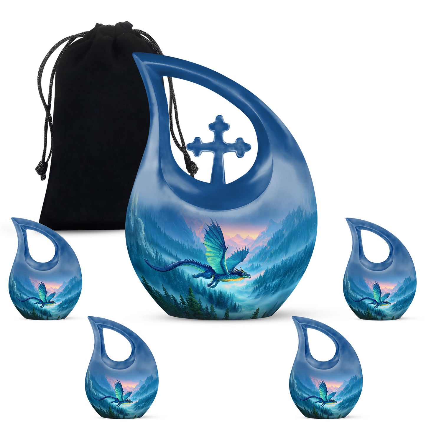 Soft Blue Dragon Cremation Urn urn with complimentary velvet bag - devotional cross-drop dragon engraving - memorial set with one large and four small urns