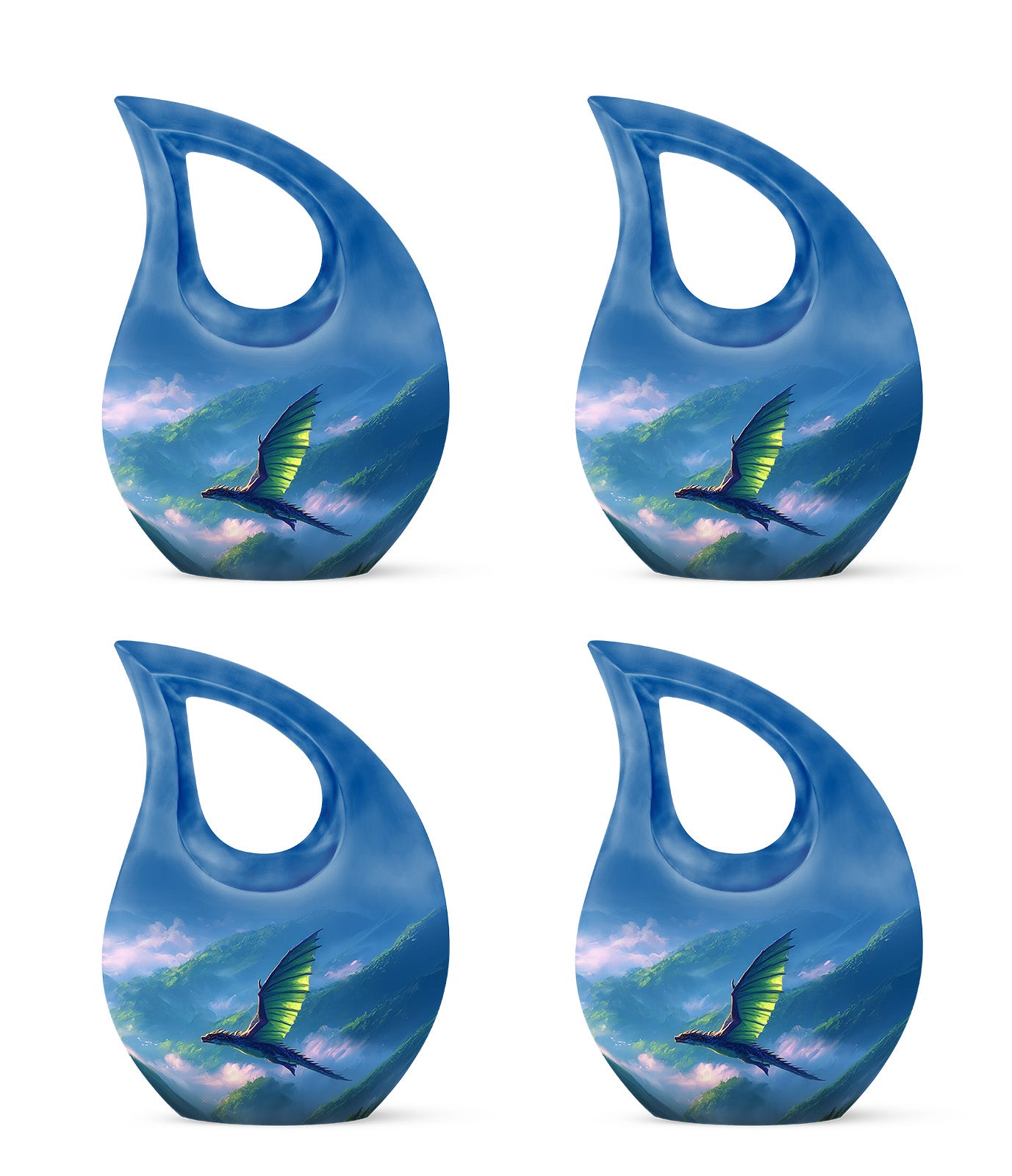 Indigo Dragon Cremation Urn lifestyle display on memorial shelf - sacred cross merged with dragon motif on metal - 10 inch aluminum urn for cremated remains