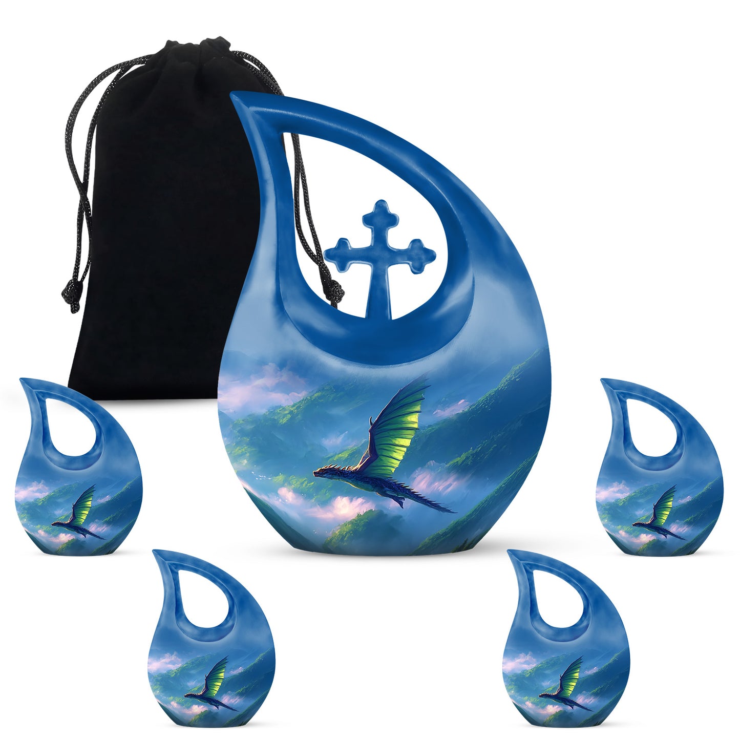 Misty Blue Dragon Cremation Urn urn with complimentary velvet bag - sacred cross merged with dragon motif on metal - memorial set with one large and four small urns