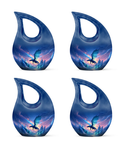 Navy Blue Dragon Cremation Urn lifestyle display on memorial shelf - sacred cross merged with dragon motif on metal - 10 inch aluminum urn for cremated remains