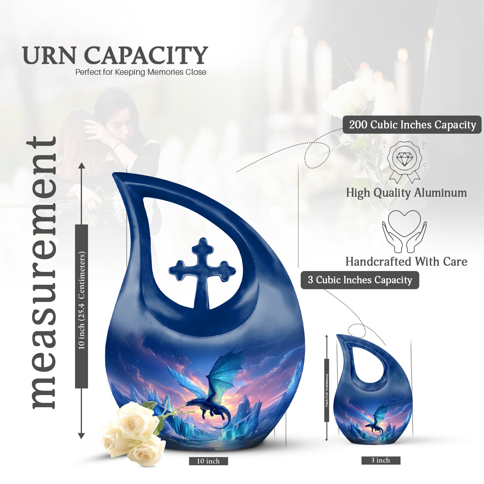 Indigo Dragon Cremation Urn back view with polished surface - sacred cross merged with dragon motif on metal - mini keepsake memorial for portion of cremation ashes