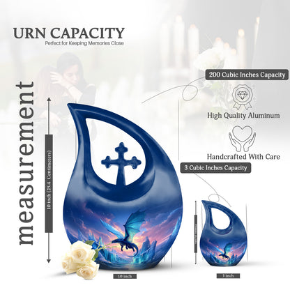 Indigo Dragon Cremation Urn back view with polished surface - sacred cross merged with dragon motif on metal - mini keepsake memorial for portion of cremation ashes