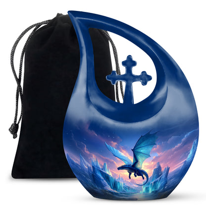 Powder Blue Dragon Cremation Urn top-down view of secure threaded lid - cross and dragon combined in spiritual memorial design - full-size 10 inch 200 cubic inch adult cremation urn