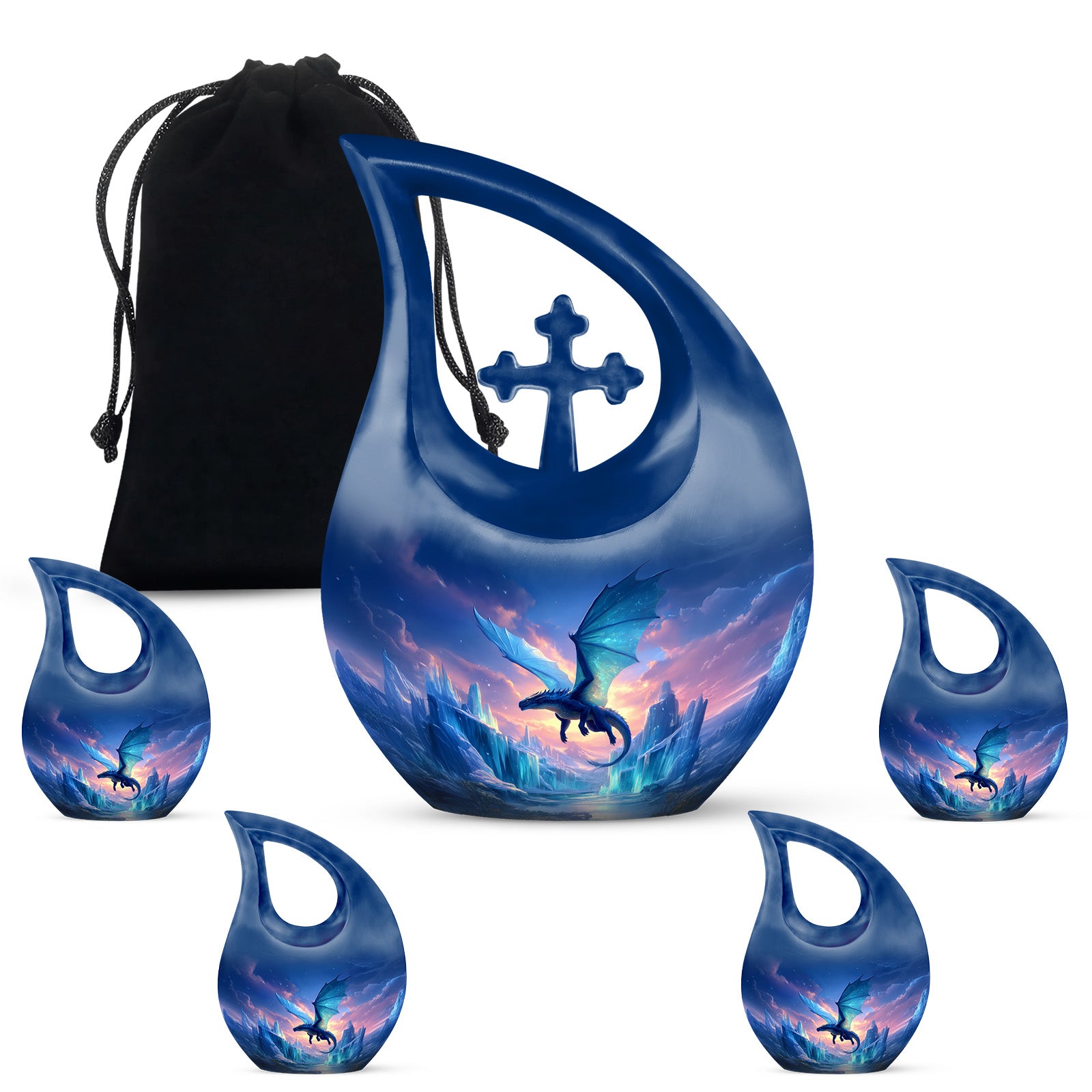Slate Blue Dragon Cremation Urn urn with complimentary velvet bag - cross and dragon combined in spiritual memorial design - memorial set with one large and four small urns