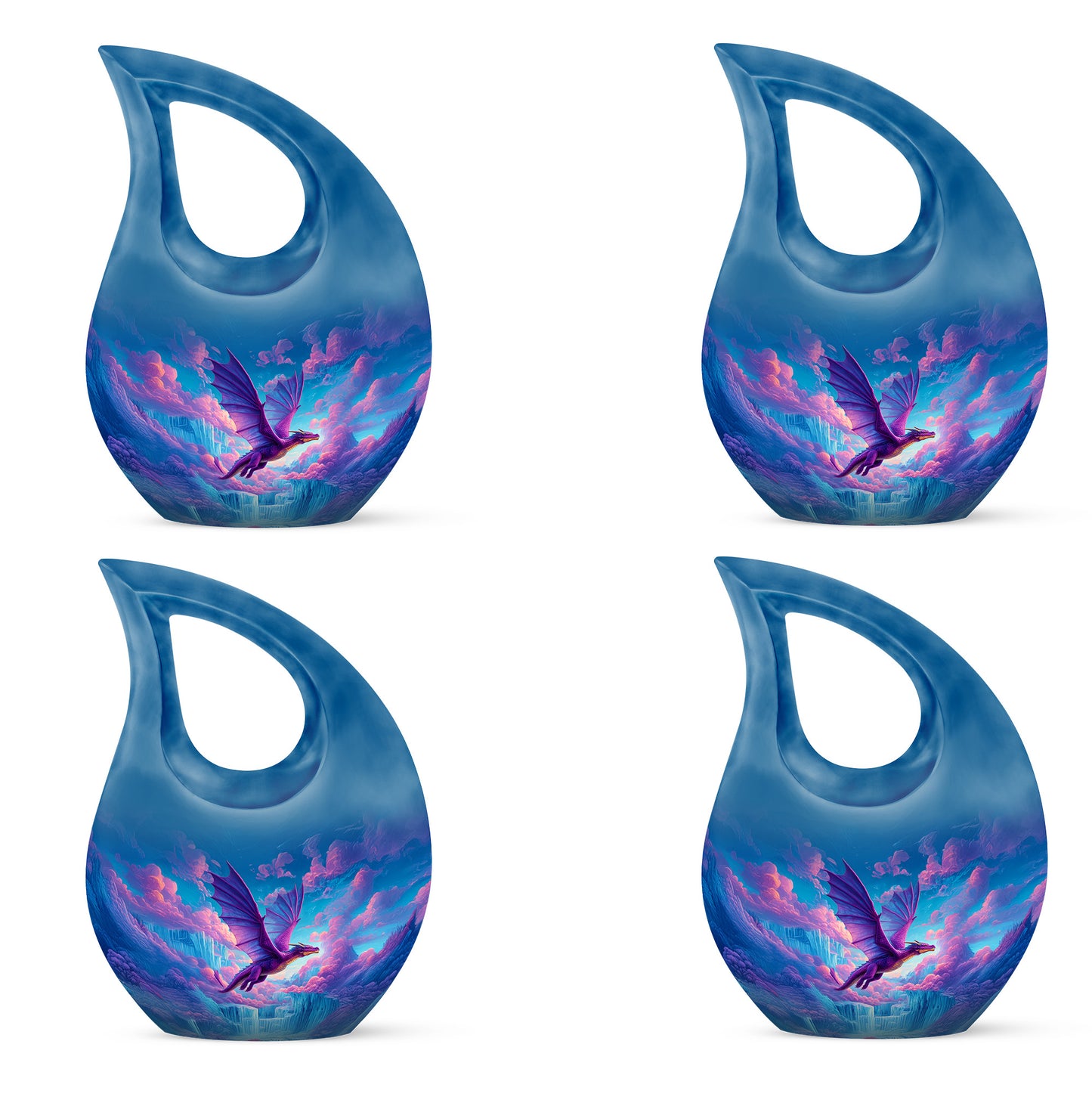 Powder Blue Dragon Cremation Urn lifestyle display on memorial shelf - cross and dragon combined in spiritual memorial design - 10 inch aluminum urn for cremated remains