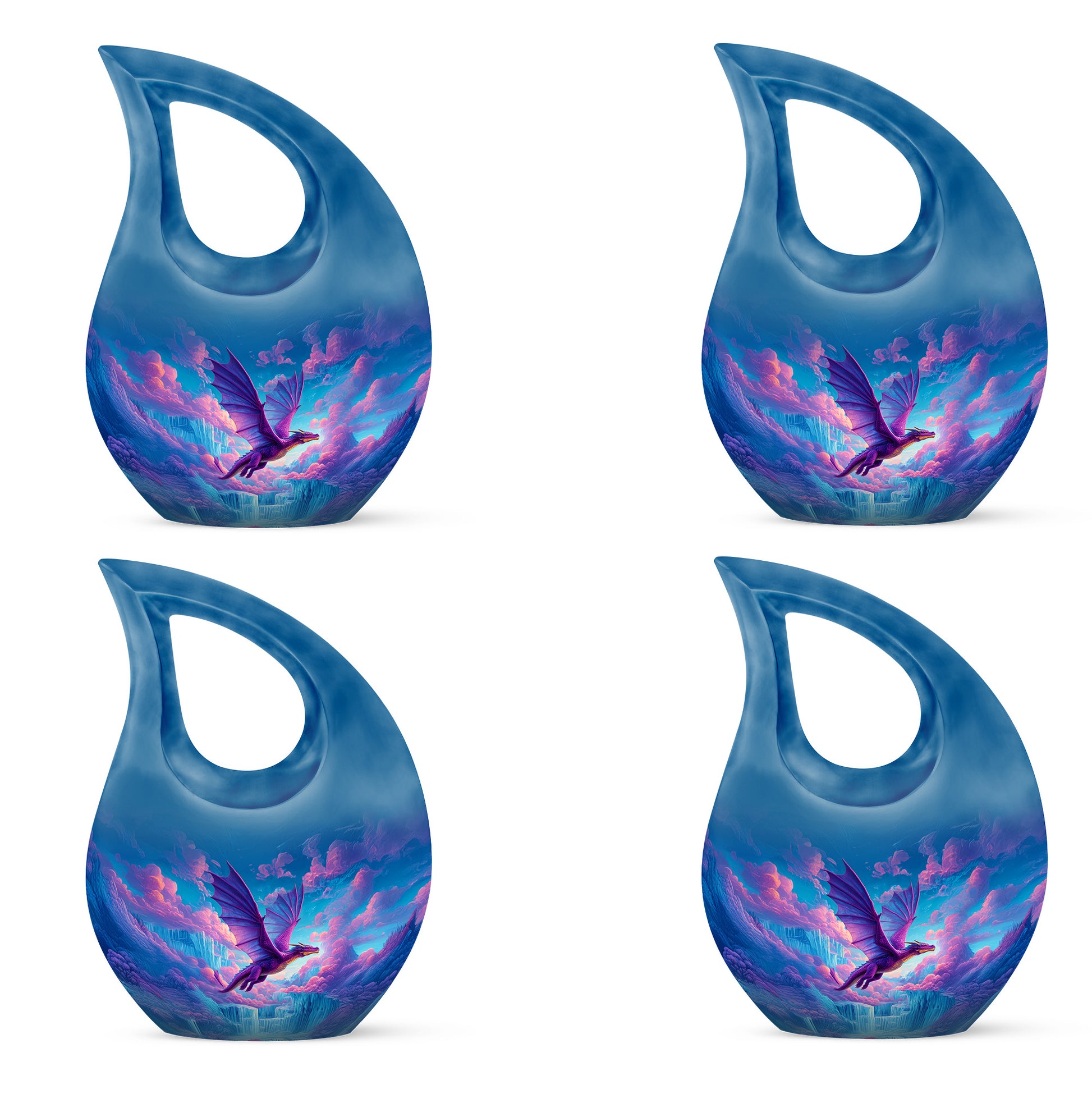 Powder Blue Dragon Cremation Urn lifestyle display on memorial shelf - cross and dragon combined in spiritual memorial design - 10 inch aluminum urn for cremated remains