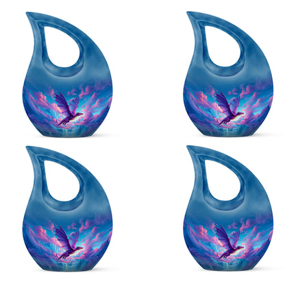 Powder Blue Dragon Cremation Urn lifestyle display on memorial shelf - cross and dragon combined in spiritual memorial design - 10 inch aluminum urn for cremated remains