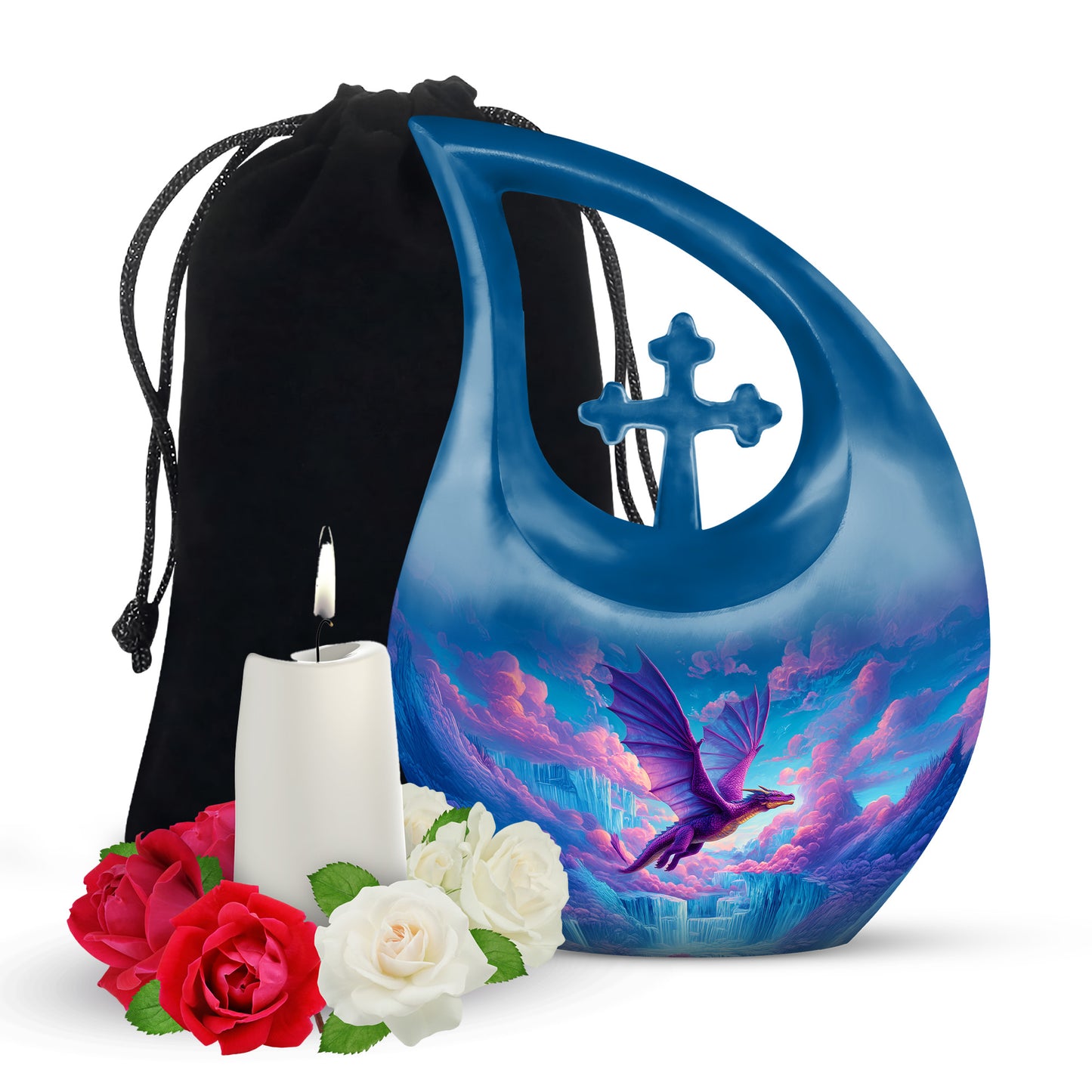 Misty Blue Dragon Cremation Urn top-down view of secure threaded lid - cross and dragon combined in spiritual memorial design - full-size 10 inch 200 cubic inch adult cremation urn