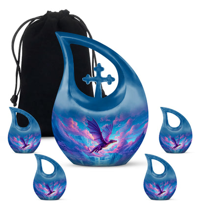 Steel Blue Dragon Cremation Urn urn with complimentary velvet bag - devotional cross-drop dragon engraving - memorial set with one large and four small urns