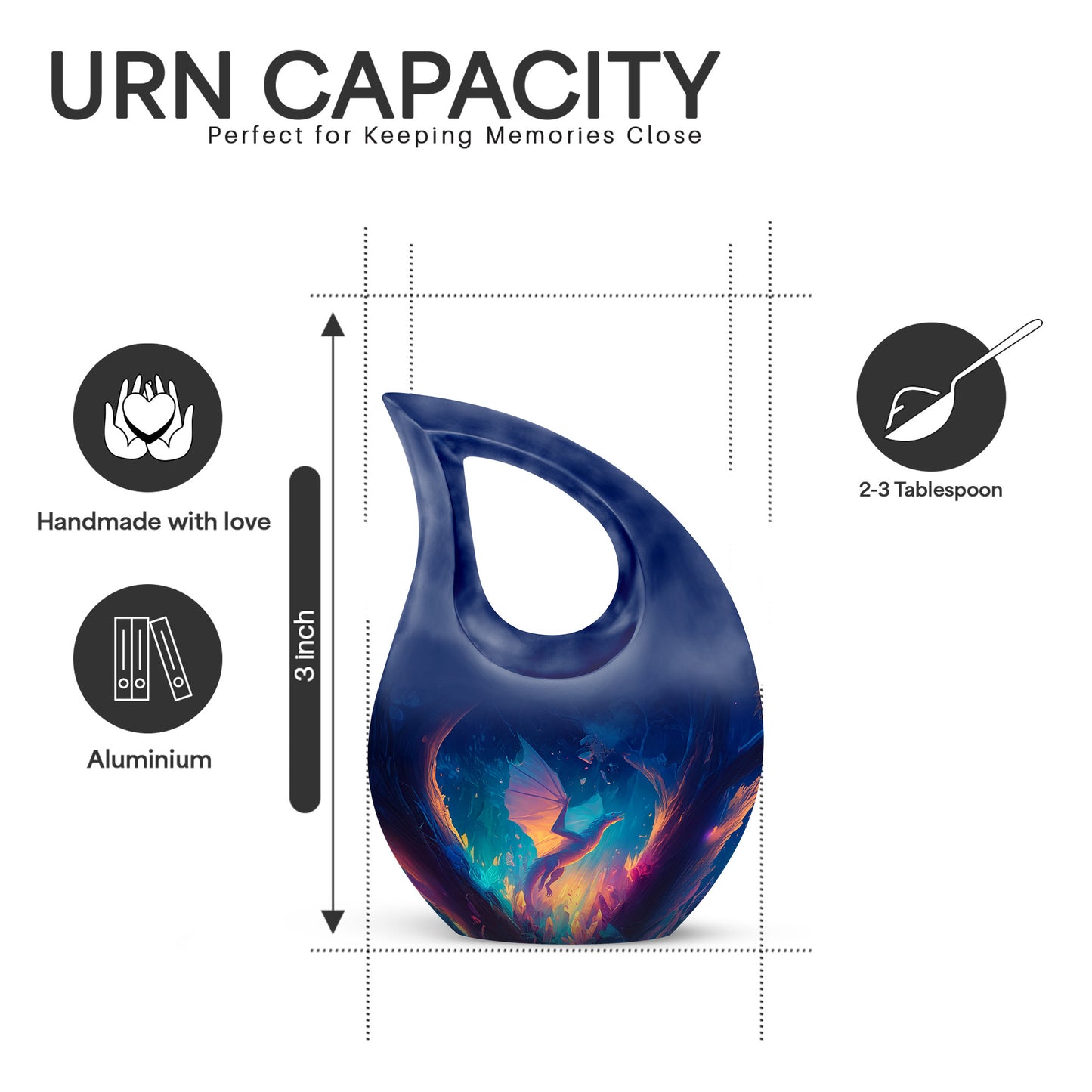Calming Blue Dragon Cremation Urn back view with polished surface - devotional cross-drop dragon engraving - mini keepsake memorial for portion of cremation ashes