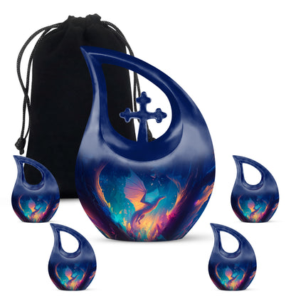 Azure Dragon Cremation Urn urn with complimentary velvet bag - sacred cross merged with dragon motif on metal - memorial set with one large and four small urns