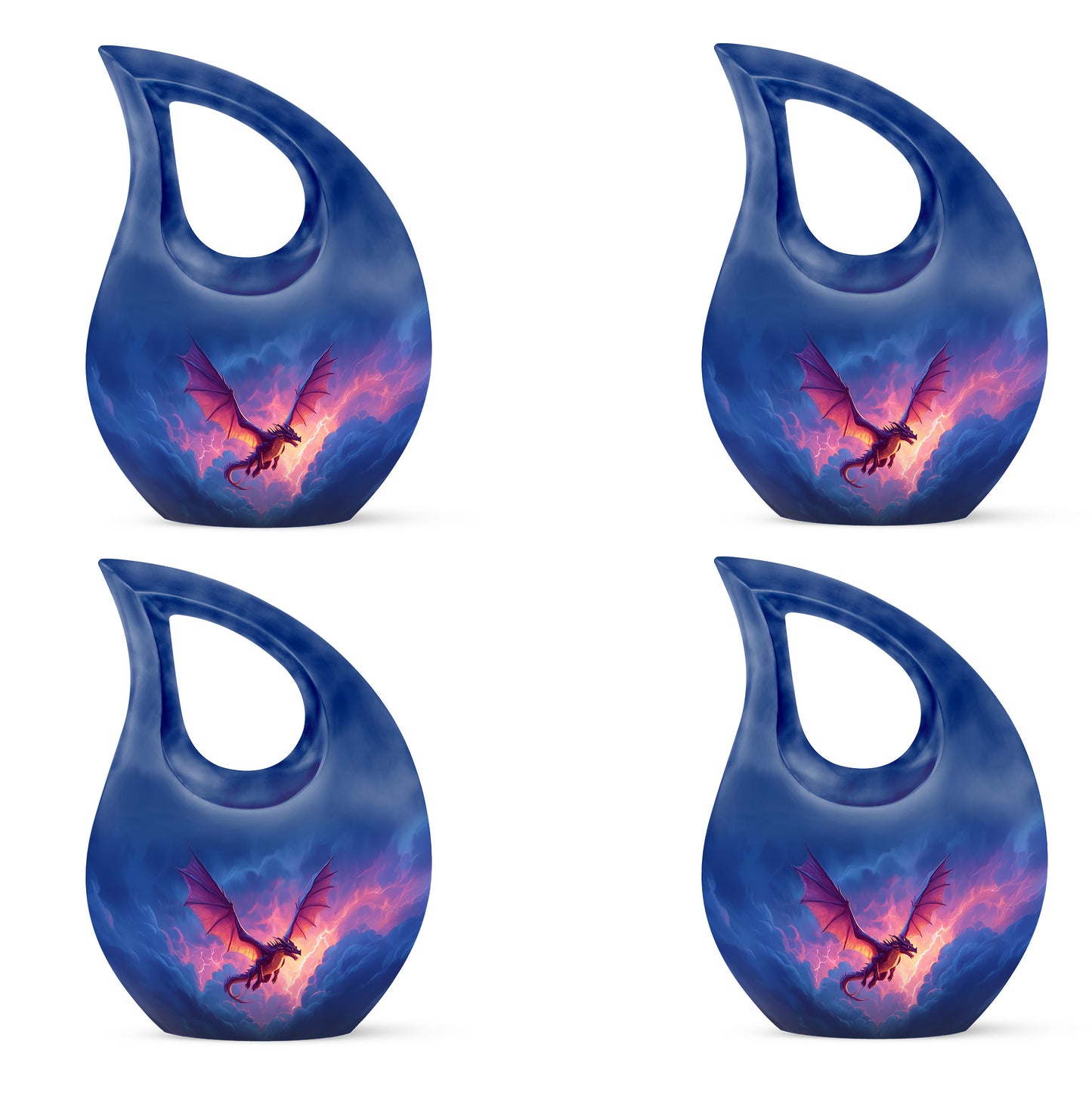 Indigo Dragon Cremation Urn lifestyle display on memorial shelf - sacred cross merged with dragon motif on metal - 10 inch aluminum urn for cremated remains