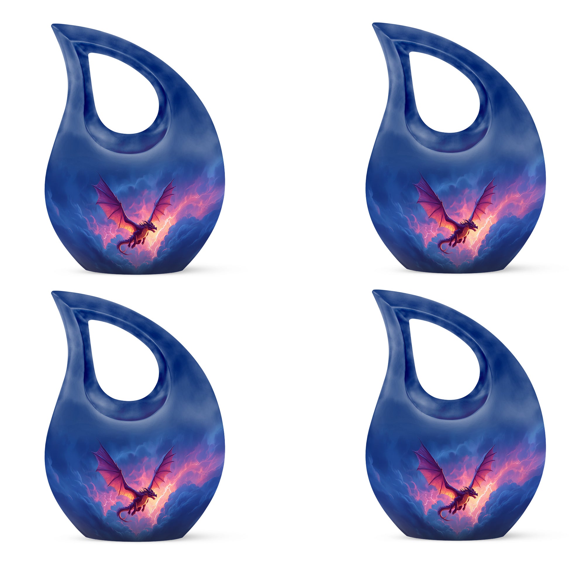 Indigo Dragon Cremation Urn lifestyle display on memorial shelf - sacred cross merged with dragon motif on metal - 10 inch aluminum urn for cremated remains
