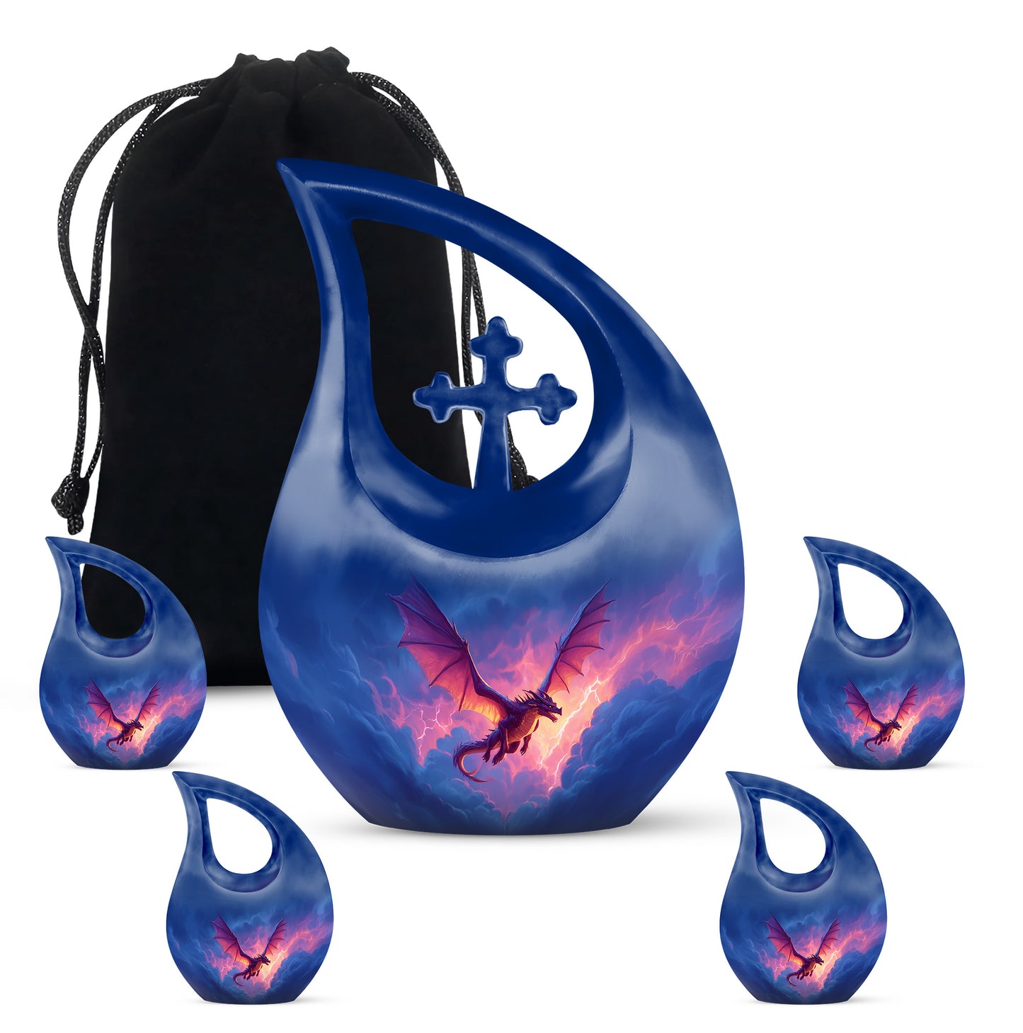 Calming Blue Dragon Cremation Urn urn with complimentary velvet bag - faith-inspired cross-drop urn with dragon pattern - memorial set with one large and four small urns
