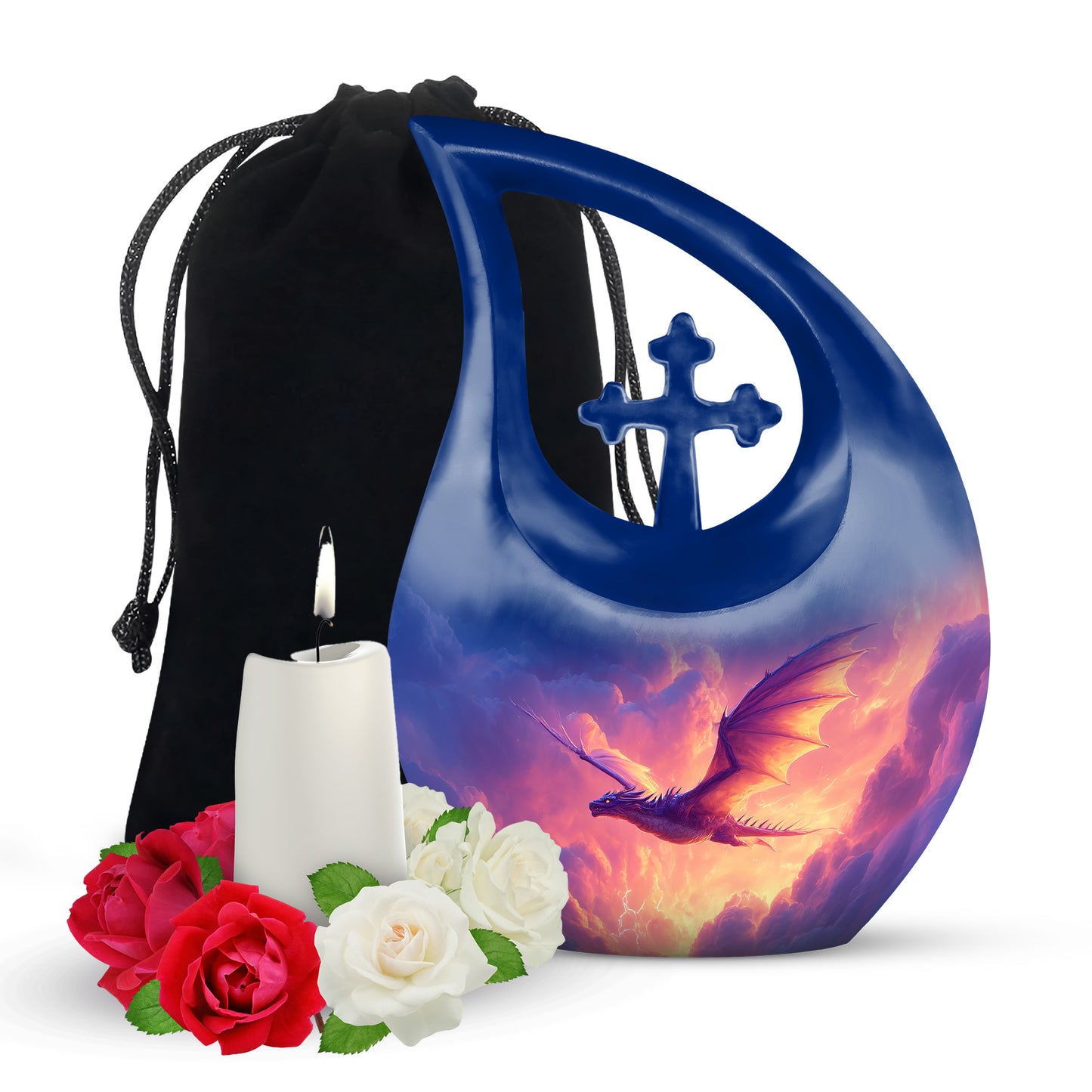 Bright Blue Dragon Cremation Urn top-down view of secure threaded lid - devotional cross-drop dragon engraving - full-size 10 inch 200 cubic inch adult cremation urn