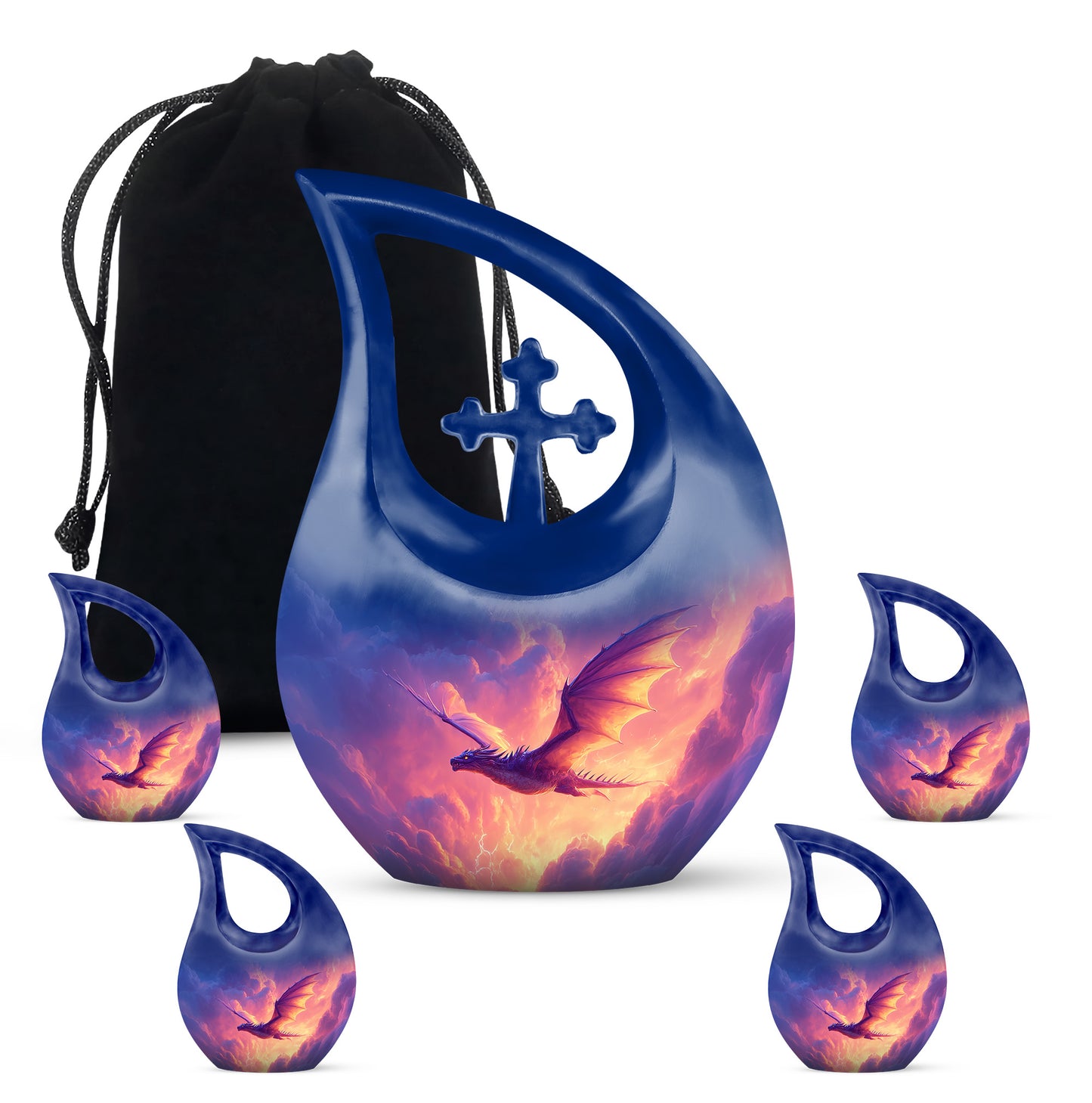 Royal Blue Dragon Cremation Urn urn with complimentary velvet bag - devotional cross-drop dragon engraving - memorial set with one large and four small urns