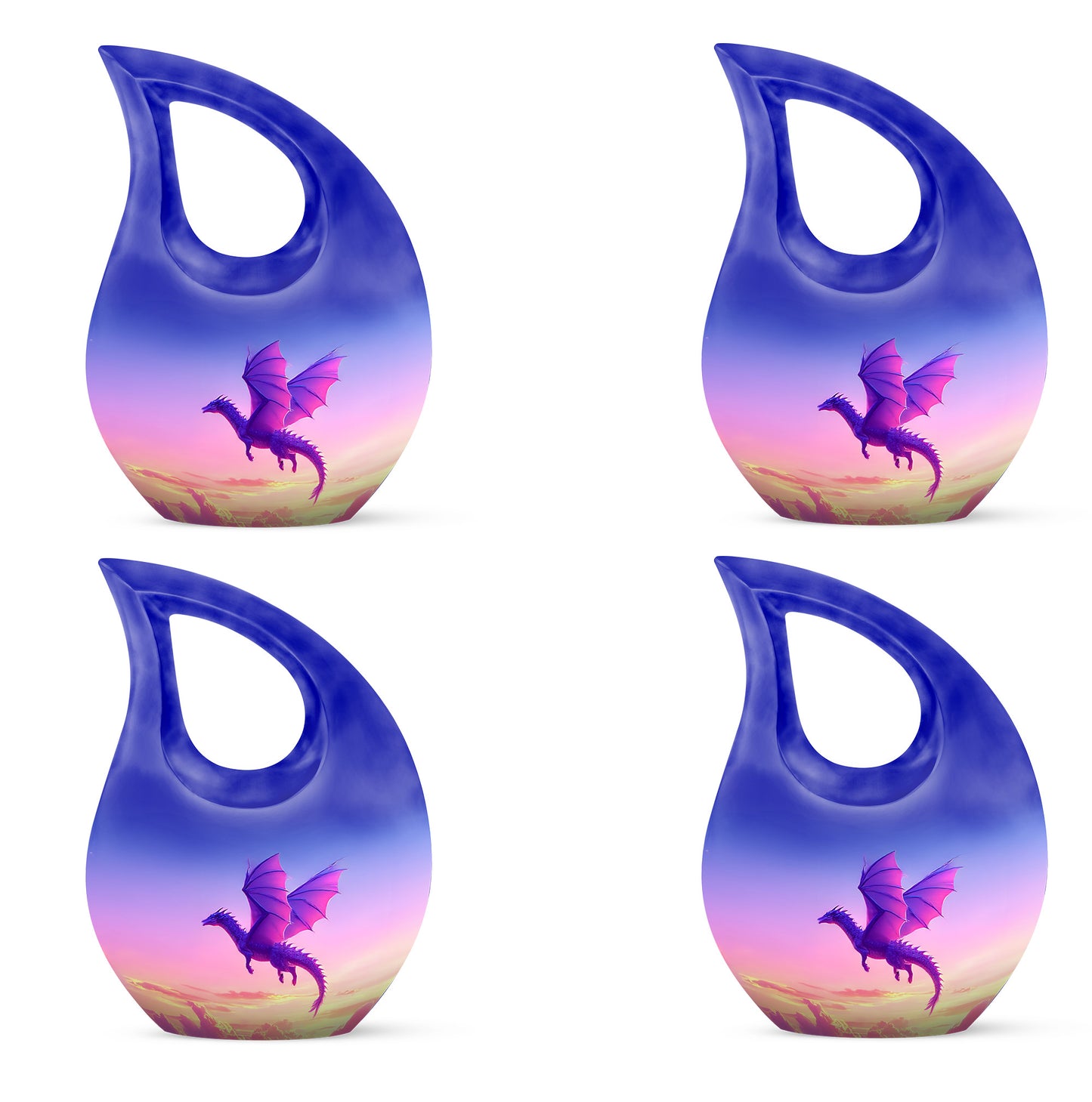 Vivid Blue Dragon Cremation Urn lifestyle display on memorial shelf - devotional cross-drop dragon engraving - 10 inch aluminum urn for cremated remains