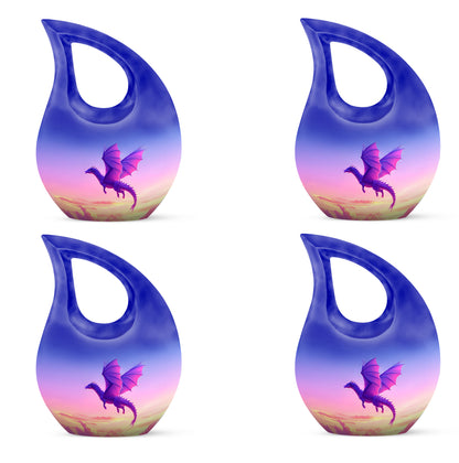 Vivid Blue Dragon Cremation Urn lifestyle display on memorial shelf - devotional cross-drop dragon engraving - 10 inch aluminum urn for cremated remains