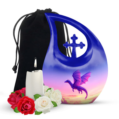 Misty Blue Dragon Cremation Urn top-down view of secure threaded lid - sacred cross merged with dragon motif on metal - full-size 10 inch 200 cubic inch adult cremation urn