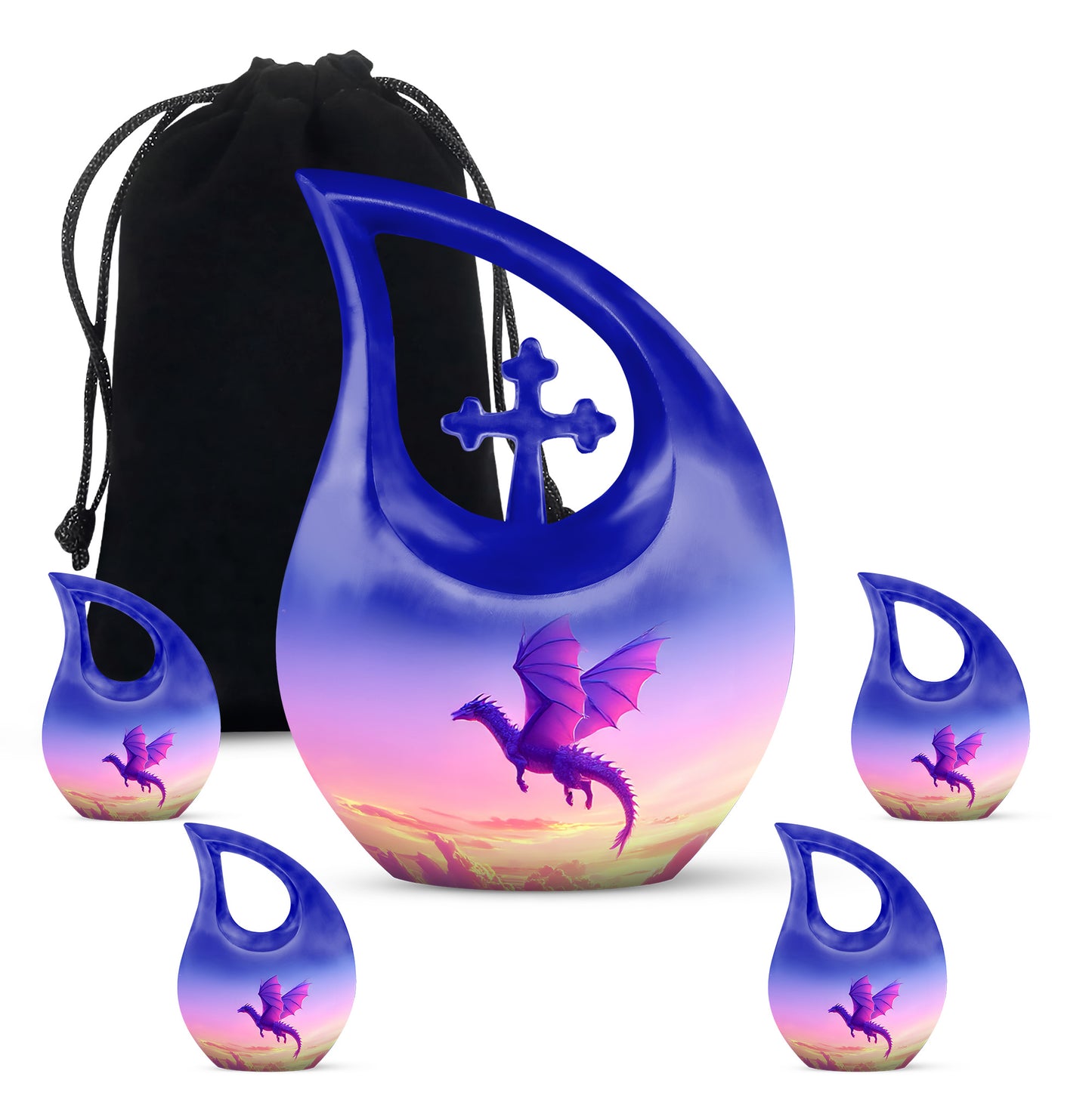 Pastel Blue Dragon Cremation Urn urn with complimentary velvet bag - sacred cross merged with dragon motif on metal - memorial set with one large and four small urns