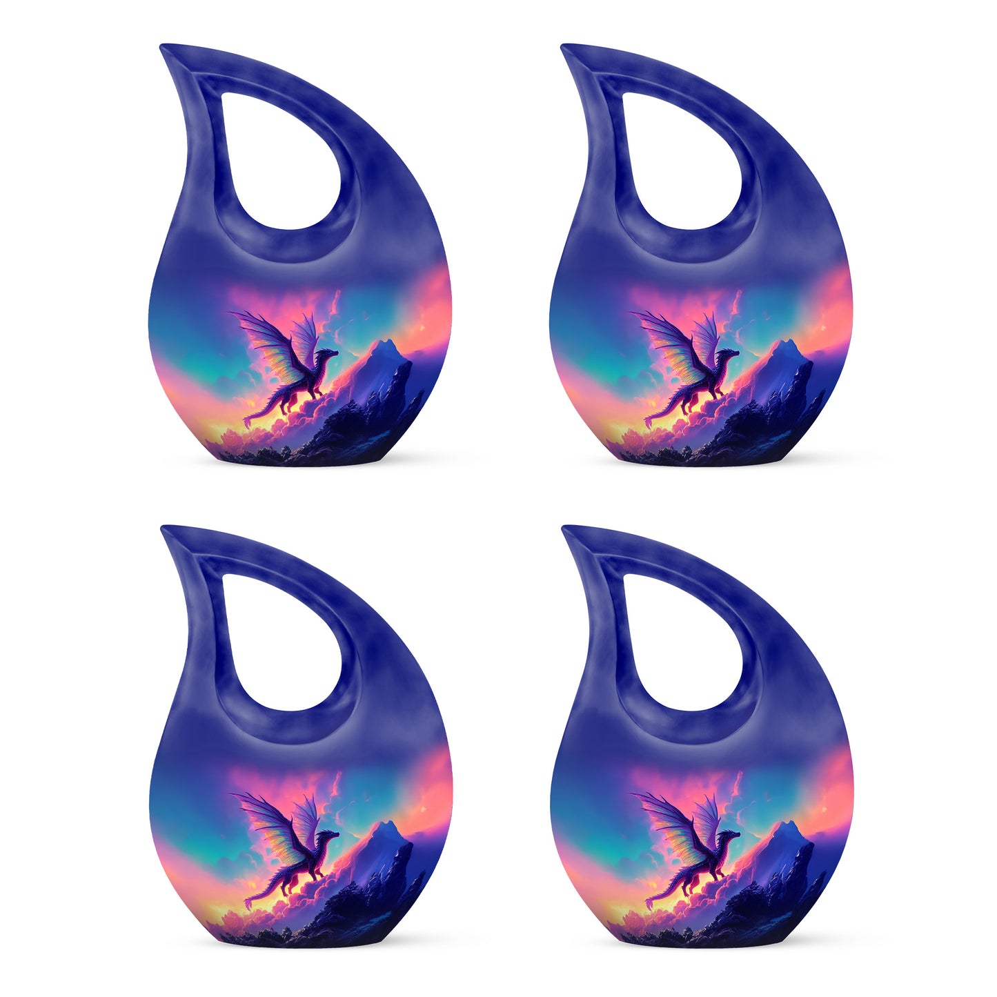 Dusty Blue Dragon Cremation Urn lifestyle display on memorial shelf - sacred cross merged with dragon motif on metal - 10 inch aluminum urn for cremated remains