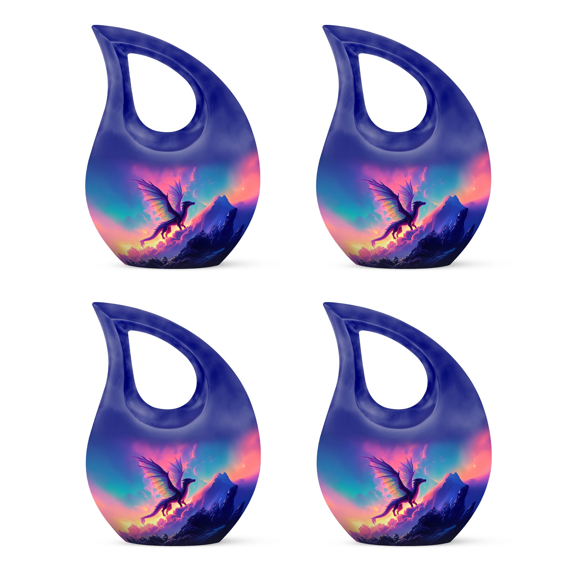 Dusty Blue Dragon Cremation Urn lifestyle display on memorial shelf - sacred cross merged with dragon motif on metal - 10 inch aluminum urn for cremated remains