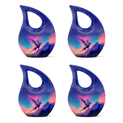 Dusty Blue Dragon Cremation Urn lifestyle display on memorial shelf - sacred cross merged with dragon motif on metal - 10 inch aluminum urn for cremated remains