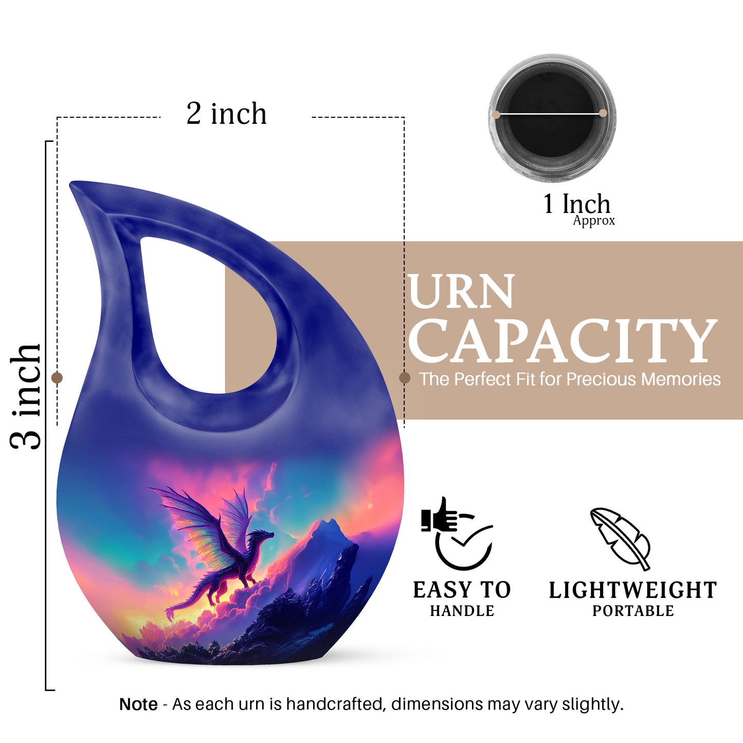 Serene Blue Dragon Cremation Urn back view with polished surface - devotional cross-drop dragon engraving - mini keepsake memorial for portion of cremation ashes