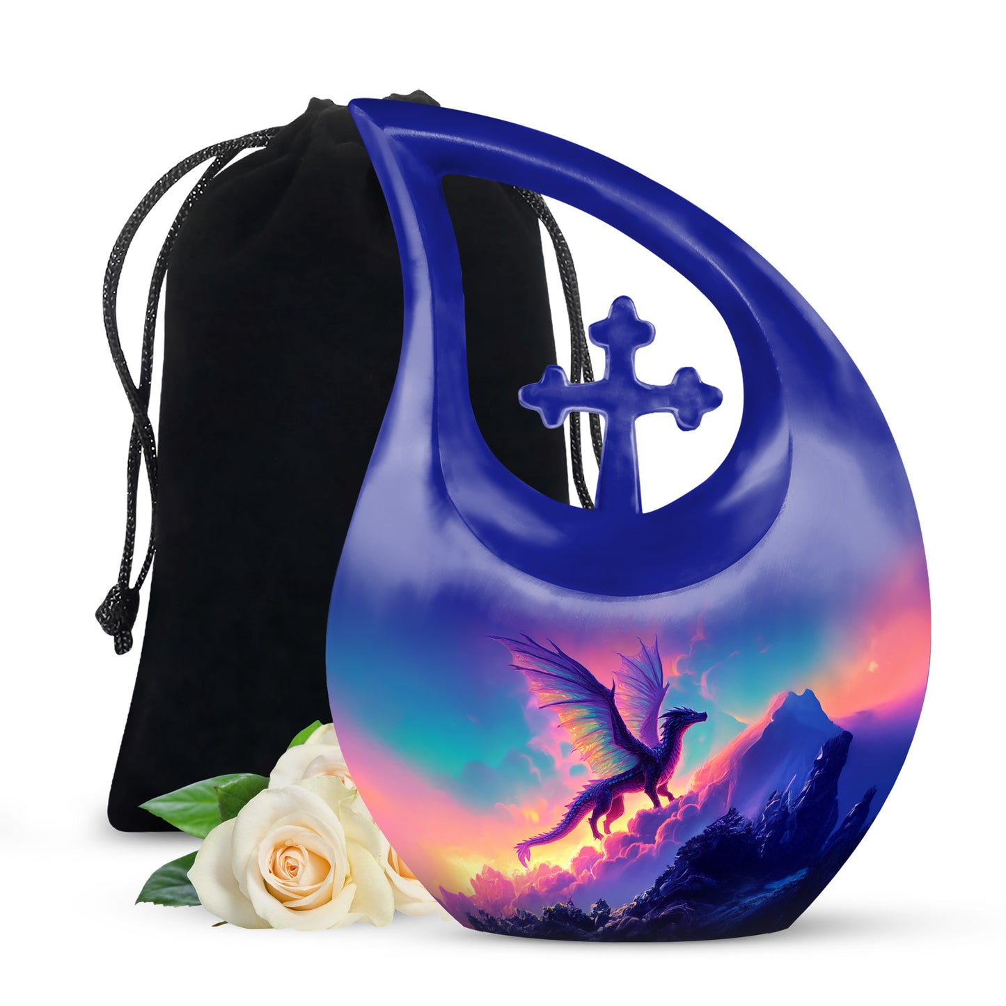 Celestial Blue Dragon Cremation Urn top-down view of secure threaded lid - sacred cross merged with dragon motif on metal - full-size 10 inch 200 cubic inch adult cremation urn