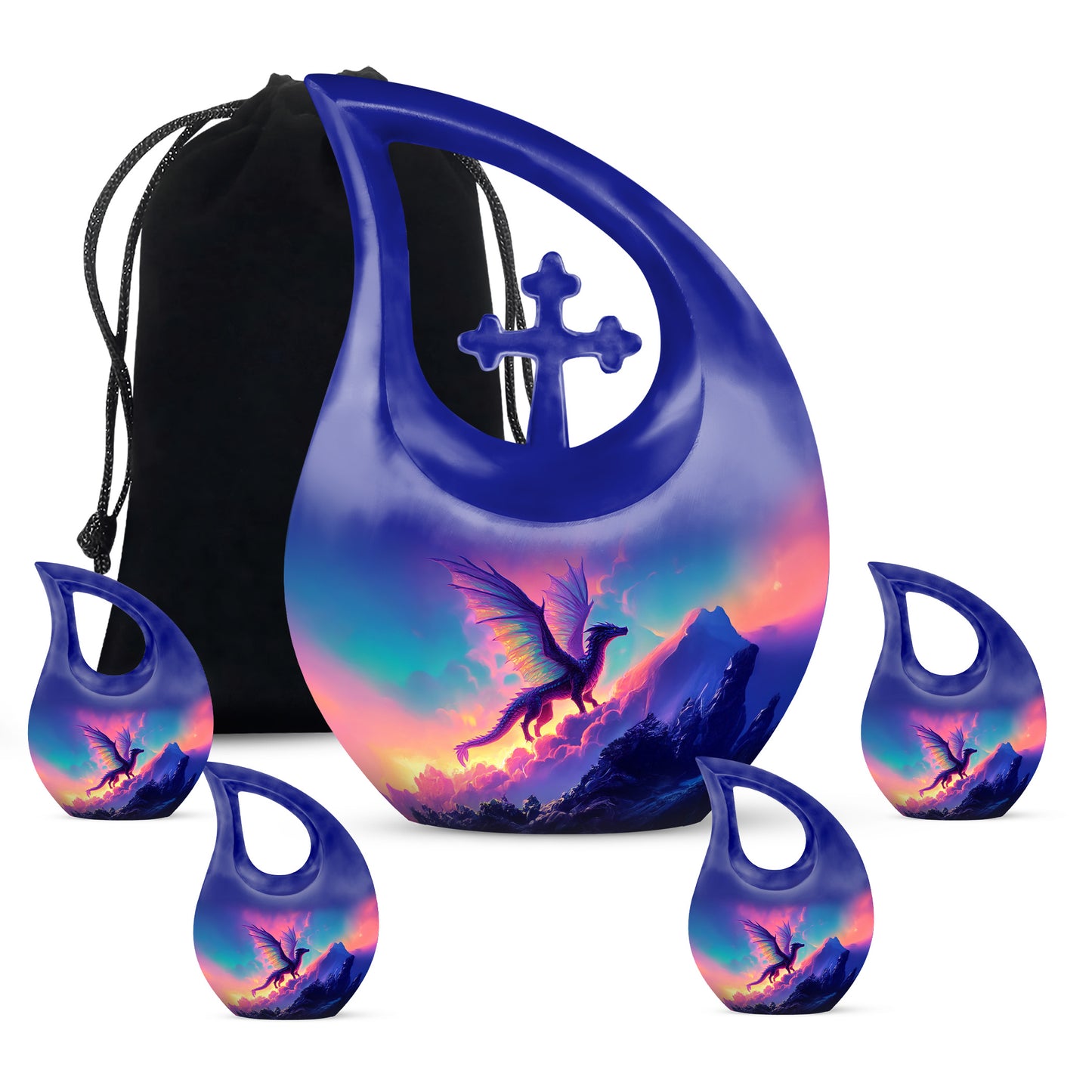 Dusty Blue Dragon Cremation Urn urn with complimentary velvet bag - sacred cross merged with dragon motif on metal - memorial set with one large and four small urns