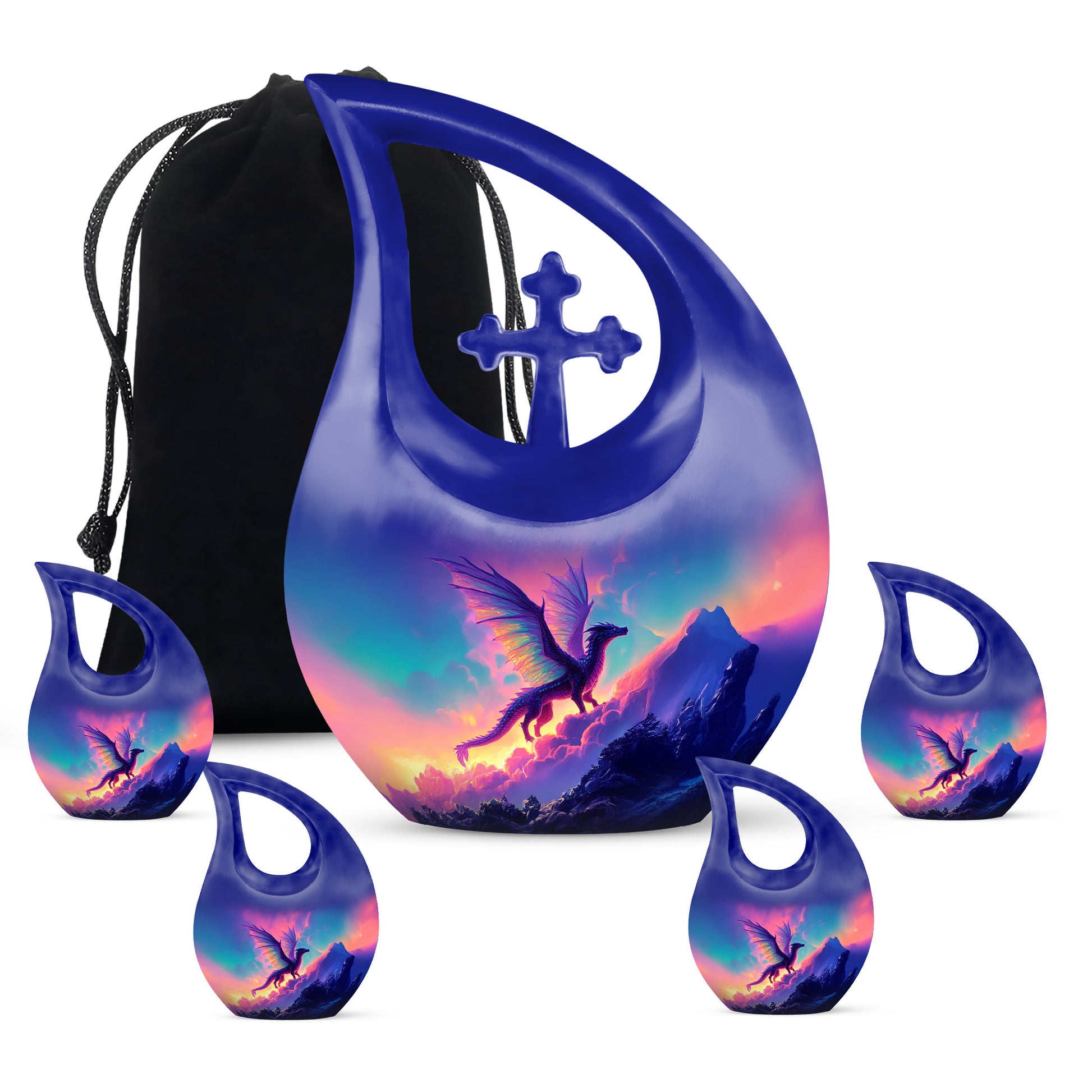 Dusty Blue Dragon Cremation Urn urn with complimentary velvet bag - sacred cross merged with dragon motif on metal - memorial set with one large and four small urns