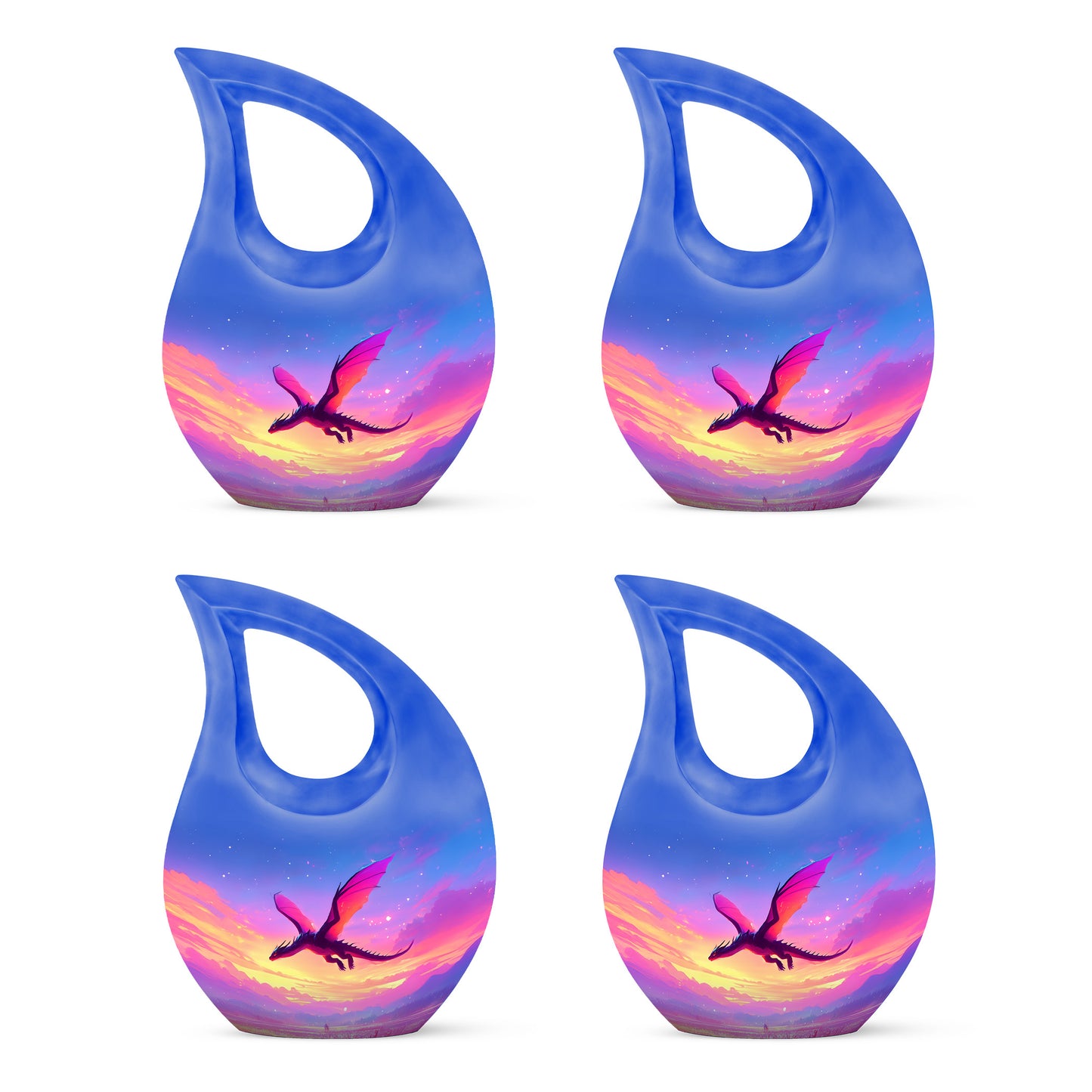 Cornflower Blue Dragon Cremation Urn lifestyle display on memorial shelf - devotional cross-drop dragon engraving - 10 inch aluminum urn for cremated remains