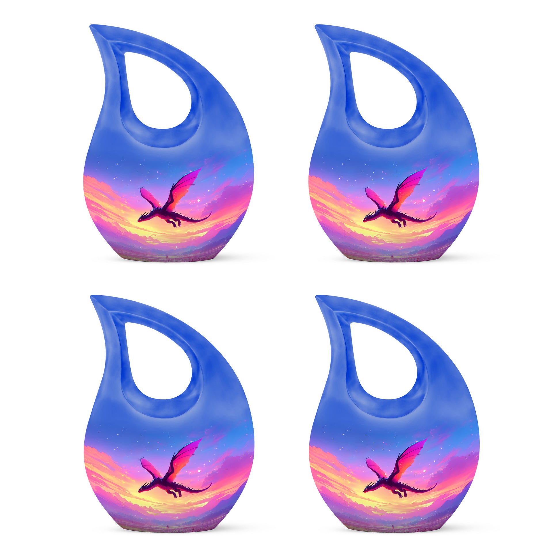 Cornflower Blue Dragon Cremation Urn lifestyle display on memorial shelf - devotional cross-drop dragon engraving - 10 inch aluminum urn for cremated remains