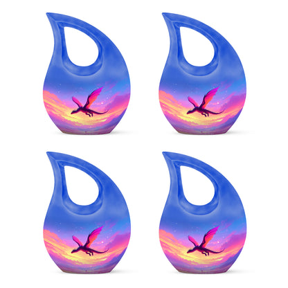 Cornflower Blue Dragon Cremation Urn lifestyle display on memorial shelf - devotional cross-drop dragon engraving - 10 inch aluminum urn for cremated remains