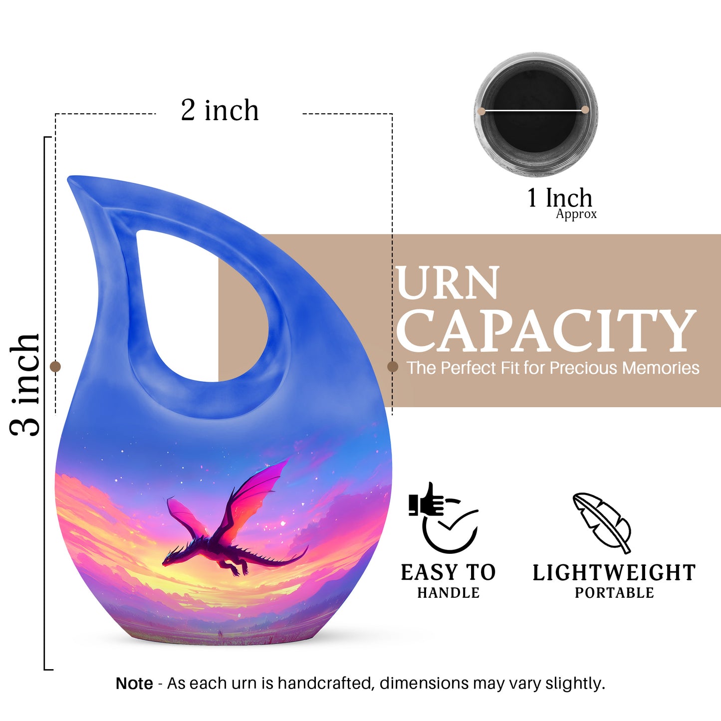 Bright Blue Dragon Cremation Urn back view with polished surface - faith-inspired cross-drop urn with dragon pattern - mini keepsake memorial for portion of cremation ashes